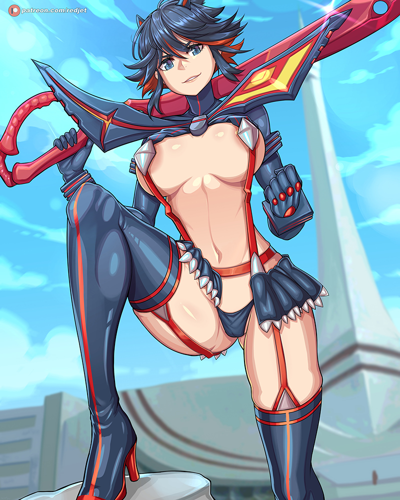 1girls, areolae, belly button, black hair, black-haired female, blue eyes, breasts, cityscape, cleavage, female, female only, garter straps, heels, high heel boots, high heels, holding, holding object, human, kill la kill, large breasts, legs, matoi ryuuko, outside, pinup, pose, redjet, revealing clothes, senketsu, shiny skin, short hair, sky, smile, solo, solo focus, sword, thick, thick thighs, thighhigh boots, thighhighs, thighs, tight clothing, toned, two-tone hair