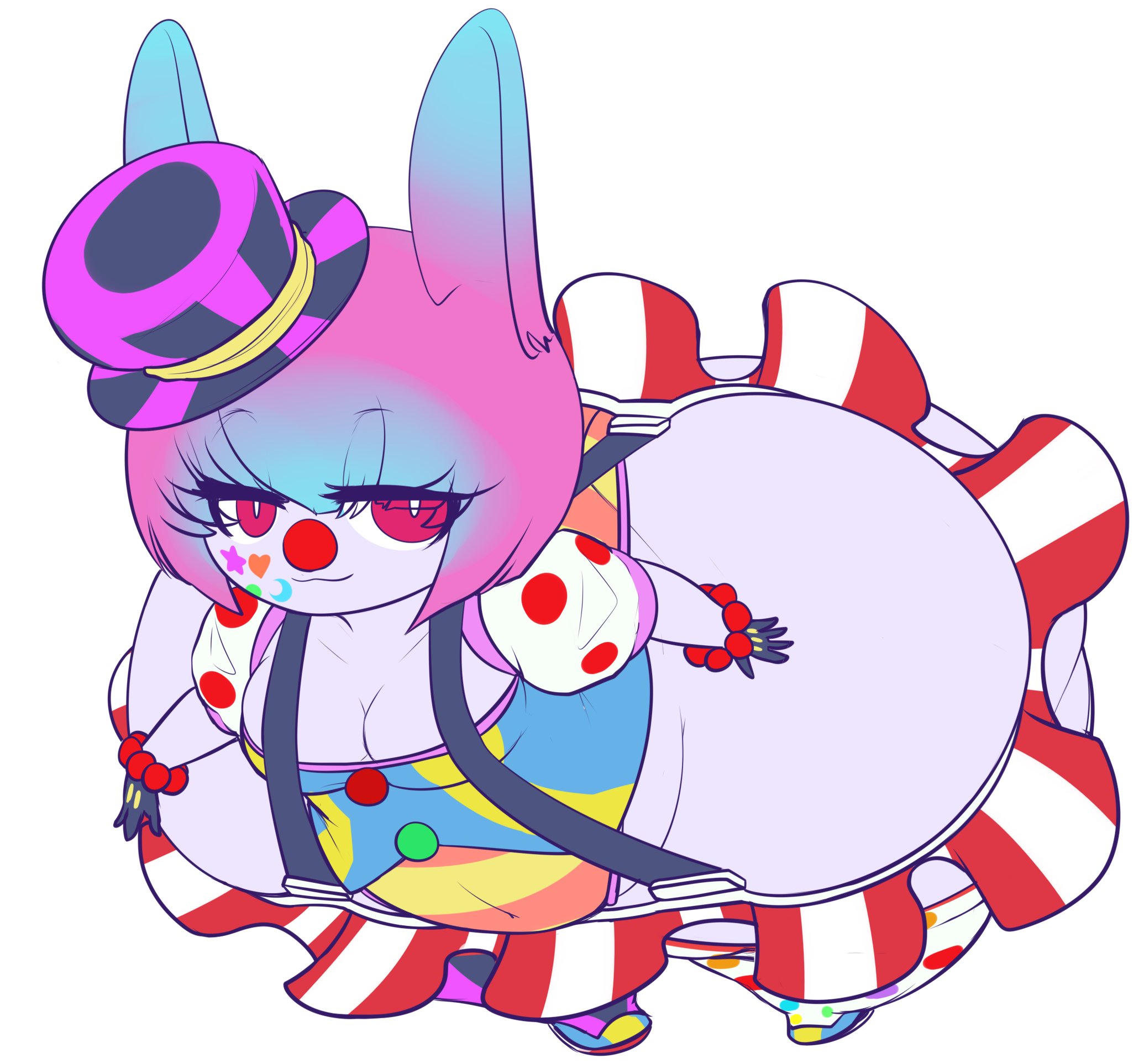 1girls, ass, ass cleavage, ass crack, belly, big ass, big butt, blue highlights, breasts, bunny ears, butt crack, cleavage, cleavage cutout, clown, clown girl, clown makeup, clown nose, female, female focus, female only, gloves, hips, hyper ass, imcoffeecakes, large ass, long hair, looking at viewer, pink eyes, pink hair, prattagail, rabbit ears, short skirt, shortstack, skirt, stockings, suspenders, thick thighs, thighs, top down, top hat, wide hips