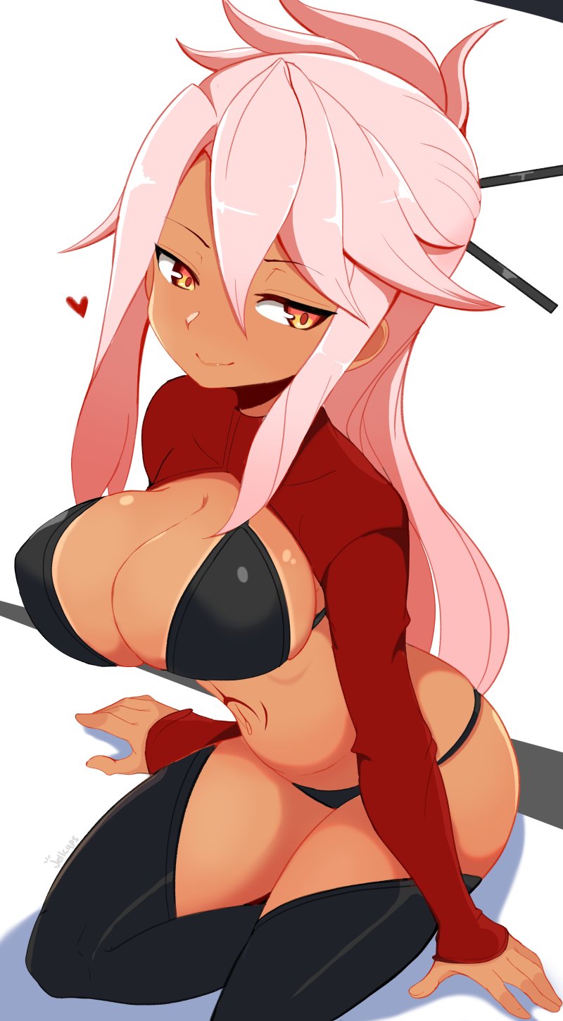 1girls, 2021, aged up, alternate breast size, bangs, bikini, black bikini, black thighhighs, body markings, breasts, brown skin, chloe von einzbern, cleavage, crop top, dark skin, dark-skinned female, fate (series), fate/grand order, fate/kaleid liner prisma illya, female, female focus, female only, floating heart, hair ornament, hair stick, hips, huge breasts, jellcaps, kneeling, long hair, long sleeves, looking at viewer, midriff, mischievous, mischievous smile, naughty face, orange eyes, pink hair, red topwear, simple background, smile, smiling at viewer, smug, smug face, smug smile, stomach tattoo, suggestive look, swept bangs, thick thighs, thighhighs, thighs, tied hair, white background, wide hips