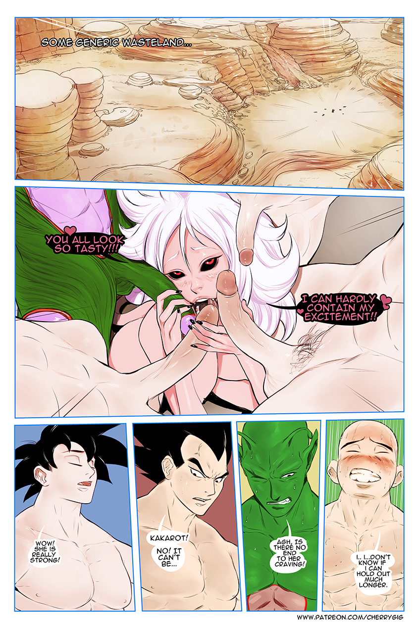 1girls, 2010s, 4boys, android 21, black sclera, blowbang, breasts, cherry-gig, cock worship, comic, comic page, dark persona, dialogue, dragon ball, dragon ball fighterz, female, humanoid, krillin, kuririn, long hair, majin, majin android 21, male, multiple boys, multiple males, multiple penises, nude, nude female, nude male, penis, piccolo, pink skin, pointy ears, red eyes, son goku, straight, tail, vegeta, wasteland, white hair