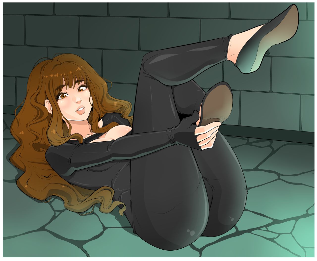 1girls, ass, breasts, brown hair, clothed, emma watson, female, female only, gryffindor, harry potter, hermione granger, long hair, on back, rodjim, skin tight, solo, solo female, witch (harry potter)