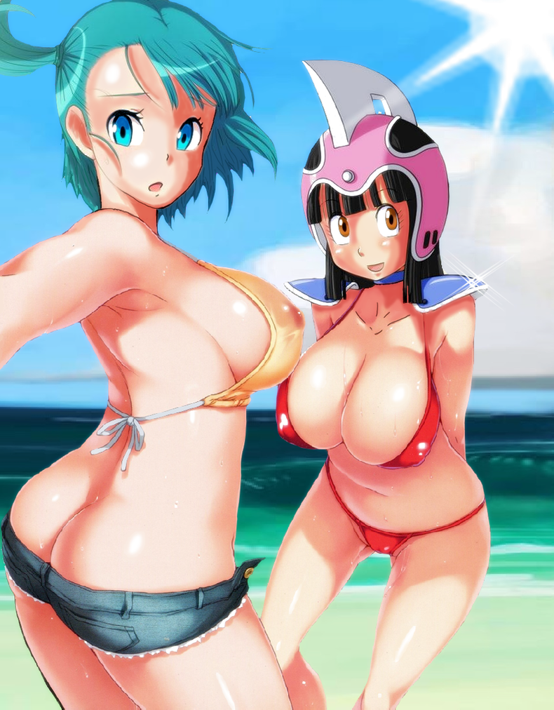 2girls aged_up armor ass ass_cleavage beach big_ass big_breasts bikini bikini_top black_hair blue_eyes blue_hair breasts brown_hair bulma_briefs butt_crack chichi chichi's_armor chichi's_helmet cleavage clebersan dragon_ball dragon_ball_(classic) female female_focus helmet jean_shorts jeans long_hair nipple_bulge nipples nipples_visible_through_clothing pink_helmet ponytail red_bikini red_bikini_bottom red_bikini_top short_hair short_shorts shoulder_pads shounen_jump side_ponytail sideboob teenager wet wet_clothes wet_skin yellow_bikini_top