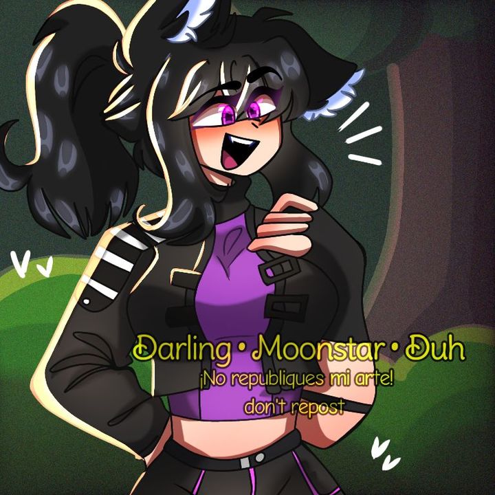 1girls, 2021, artist request, black clothing, black gloves, black hair, black jacket, black pants, breasts, clothed, clothed female, eyebrows visible through hair, female, female only, fingerless gloves, gloves, hearts, humanized, jacket, kemonomimi, light skin, light-skinned female, looking at another, medium breasts, open mouth, pale skin, pale-skinned female, pants, piggy (game), piggy: book 2, ponytail, purple eyes, purple shirt, roblox, roblox game, shirt, smile, smiling, solo, solo female, the silver paw (piggy), tongue, tree, watermark, willow (piggy)
