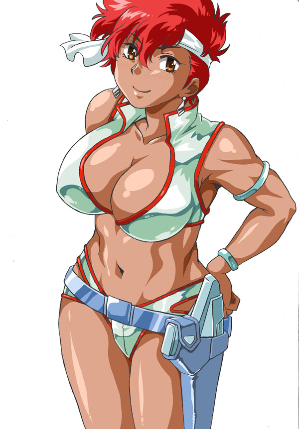 1girls 2020 big_breasts breasts cameltoe cleavage curvaceous dark-skinned_female dark_skin dirty_pair dress female girl hair headband human kei_(dirty_pair) large_breasts legs looking_at_viewer manabe_jouji pink_eyes red_hair short_hair smile solo standing thick_thighs tomboy toned white_background wide_hips