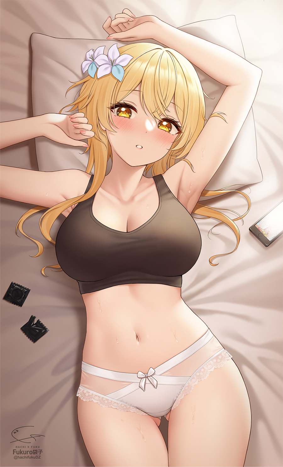armpit, bed, black bra, blonde hair, blush, bra, cleavage, condom, female, female only, fukuro ko (greentea), genshin impact, lumine (genshin impact), navel, panties, solo female, sweatdrop, white panties, yellow eyes, yellow hair