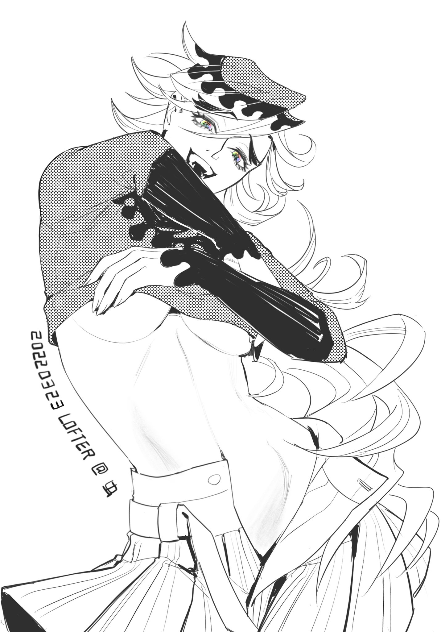 breasts, demon, demon girl, demon slayer, douma, fangs, female, female only, genderswap, genderswap (mtf), hakama, kimetsu no yaiba, long hair, looking at viewer, medium breasts, monochrome, multicolored eyes, no bra, open mouth, open pants, rainbow eyes, rule 63, shirt lift, smile, solo, spiky hair, thick eyebrows, underboob, undressing, verazengch