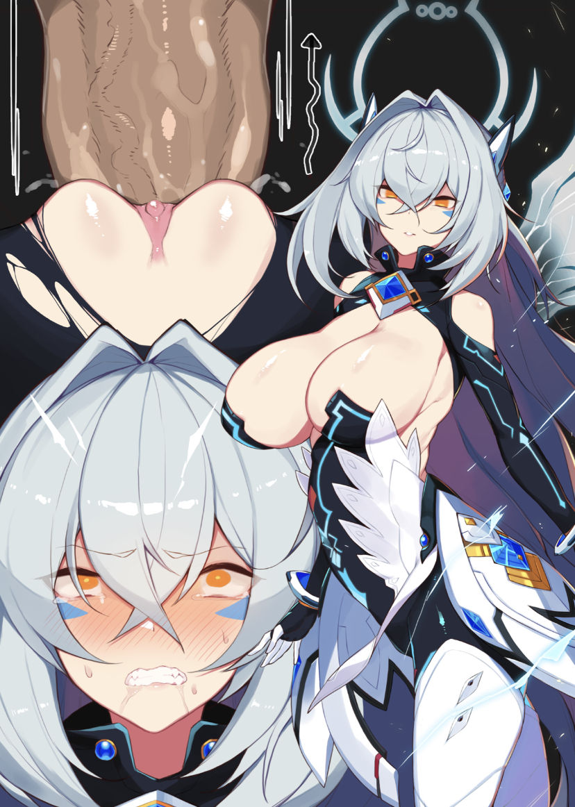 1girls dark-skinned_male drool drooling elsword eve_(elsword) gritted_teeth huge_breasts male penis tears vaginal_penetration white_hair yanje yellow_eyes