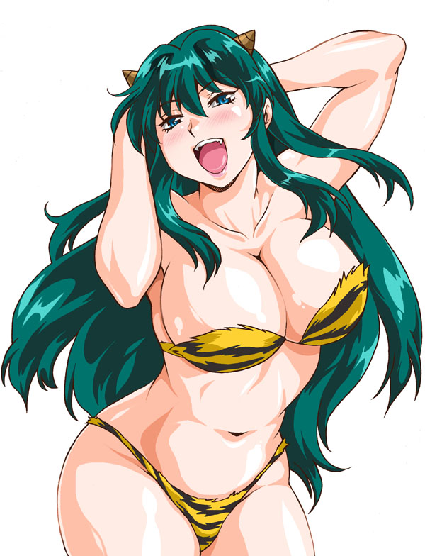 1girls 2020 big_breasts bikini breasts cleavage curvaceous female green_hair hair horns large_breasts long_hair looking_at_viewer lum manabe_jouji oni oni_female oni_girl pale-skinned_female pale_skin pointy_ears princess smile solo tiger_print urusei_yatsura wide_hips