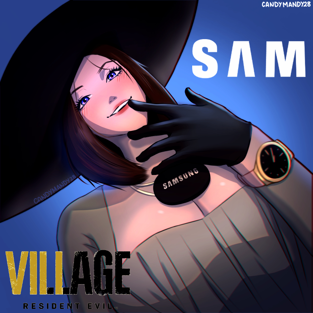 alcina dimitrescu (cosplay), big breasts, blue eyes, breasts, brown hair, busty, candymany, capcom, cleavage, cosplay, crossover, female, female focus, female only, hat, necklace, resident evil, resident evil 8: village, samsung, samsung sam, short hair