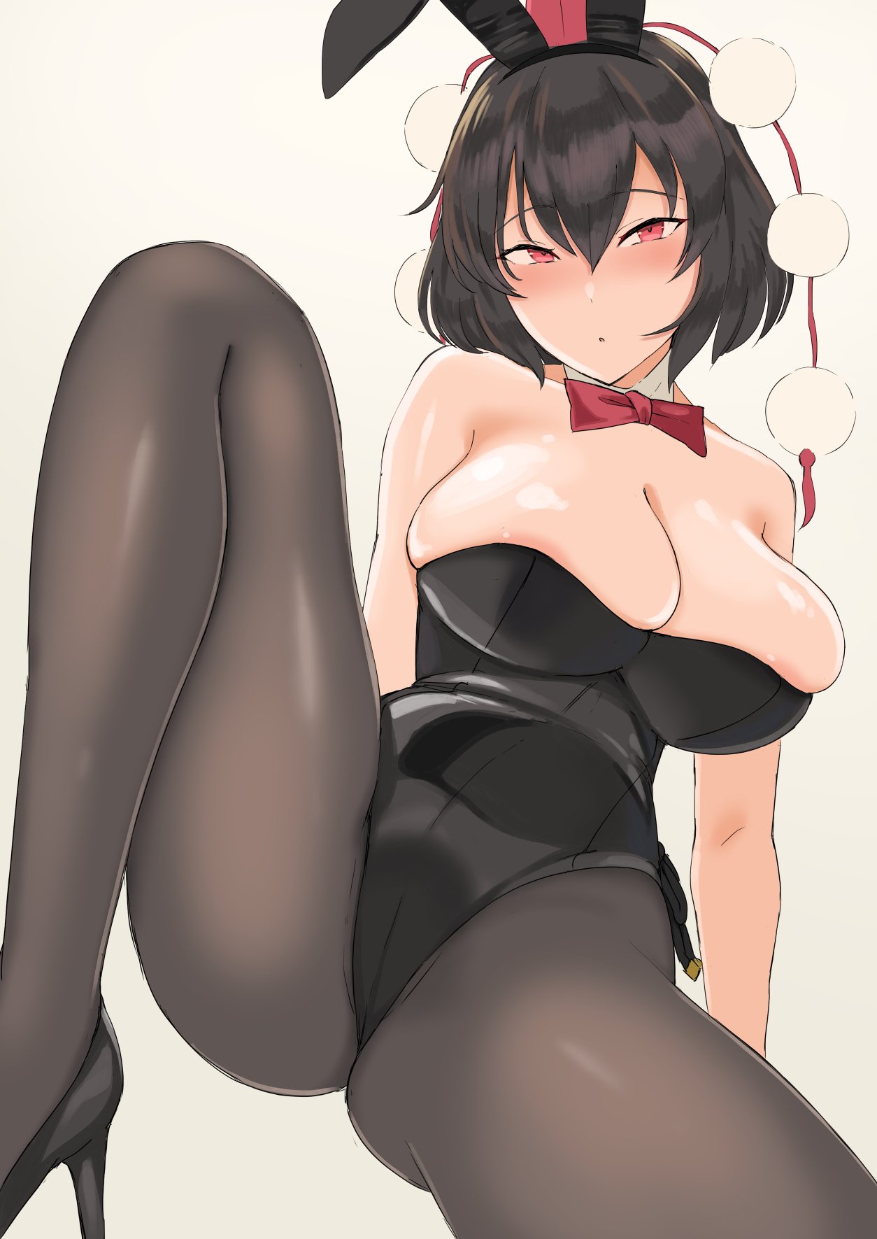alternate costume, anda inmu, animal ears, areola slip, areolae, black hair, black leotard, blush, breasts, bunny ears, bunnysuit, detached collar, fake animal ears, female, hamaburicchi, hat, large breasts, leotard, pantyhose, playboy bunny, pom pom (clothes), red eyes, shameimaru aya, strapless, strapless leotard, tengu, tokin hat, touhou