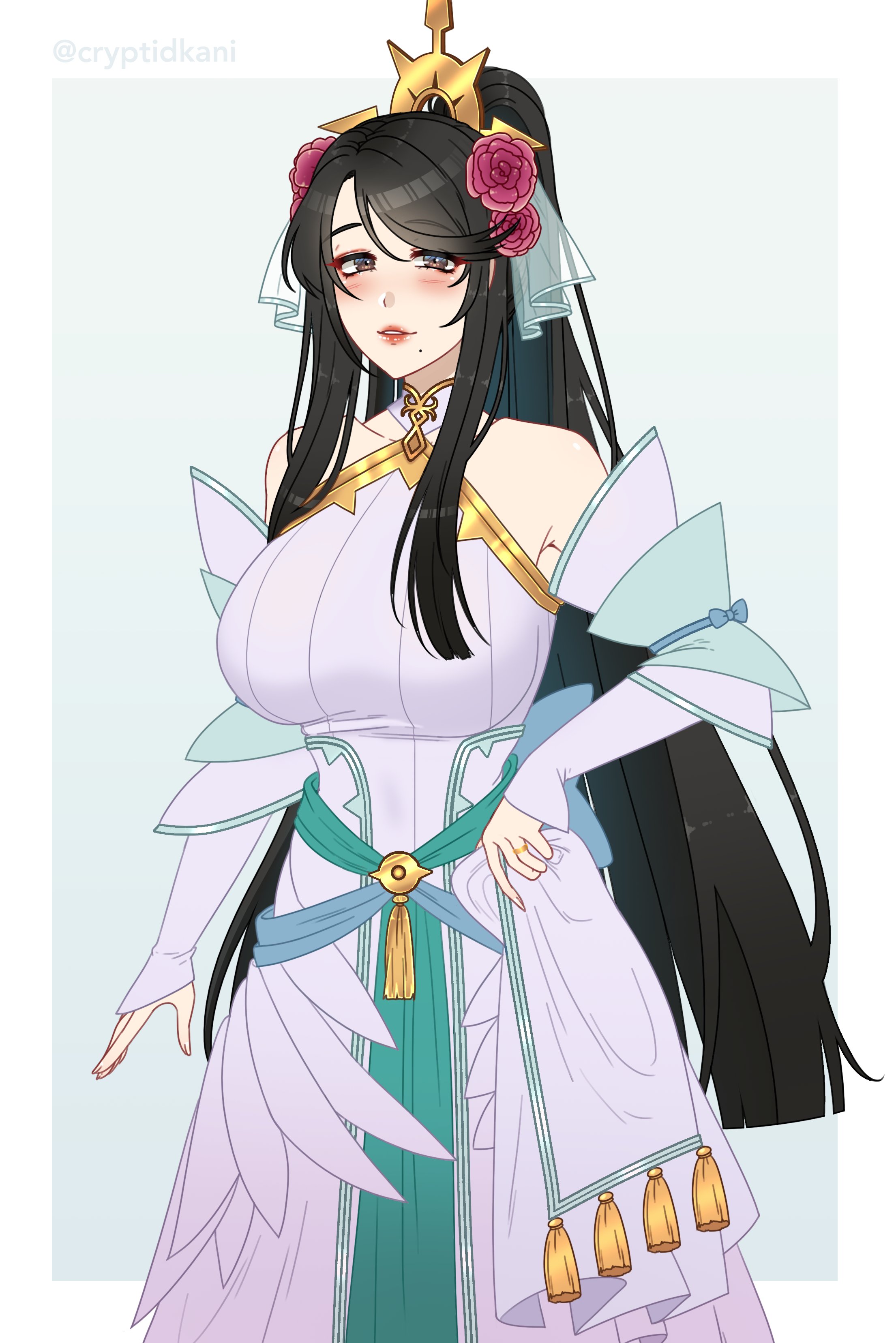 1girls, alternate costume, bare shoulders, beauty mark, black hair, breasts, bride, brown eyes, collarbone, cryptid crab, female, fire emblem, fire emblem fates, huge breasts, lips, long hair, looking at viewer, mature female, mikoto (fire emblem), milf, mole, mole under mouth, nintendo, ponytail, ring, smile, solo, solo female, very long hair, wedding dress, wedding ring