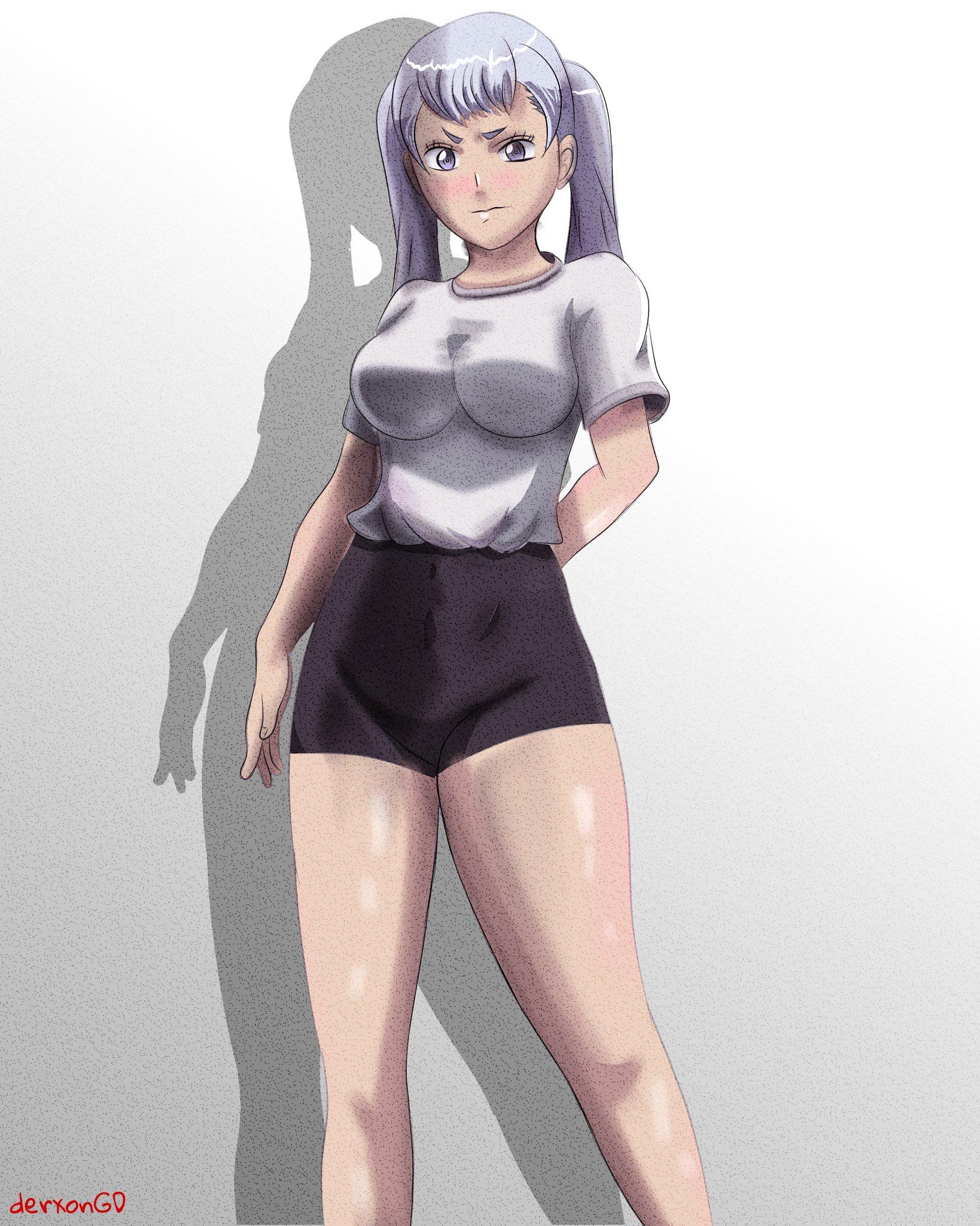 1girls, big breasts, black clover, breasts, female, female only, looking at viewer, noelle silva, purple eyes, silver hair, solo, teenager, twintails
