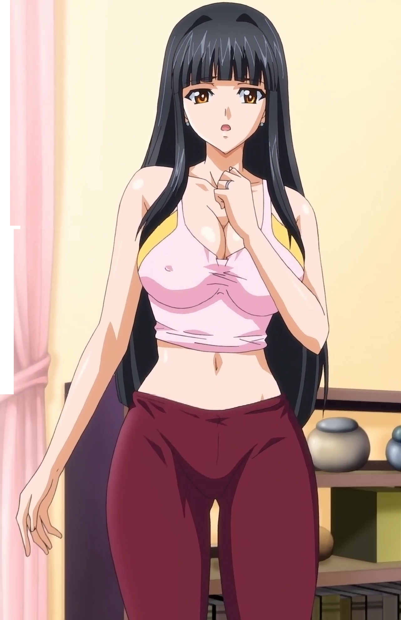 1girls, black hair, breasts, cleavage, crop top, earrings, ebihara urara, edit, edited, erect nipples under clothes, female, indoors, large breasts, long hair, looking at viewer, midriff, navel, pants, rin x sen, rin x sen + ran - sem cross mix, rin x sen + ran->sem: cross mix, solo, tank top