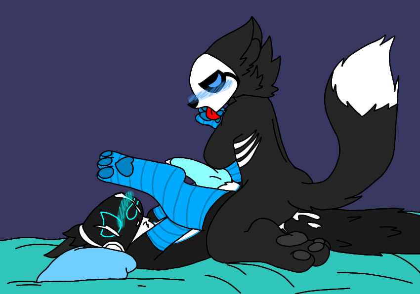 bedroom black_fur blue_bed_sheet blue_eyes blue_penis blue_pillow closed_eyes creampie cum_in_ass cum_on_face deadtale femboy floofy_(protogen) furry furry_only knot licking_paw on_bed paw_fetish pawpads protogen riskaver riskaver_(artist)