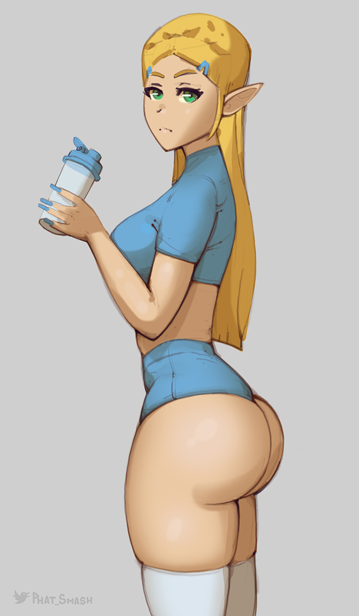 1girls, ass, ass focus, bimbo, blonde hair, blue eyes, breath of the wild, crop top, cropped legs, disinterested, emotionless, expressionless, female, female focus, female only, huge ass, humanoid, looking at viewer, low cut top, nail polish, nails, nintendo, phat smash, pointy ears, princess zelda, short shorts, simple background, solo, solo female, solo focus, standing, the legend of zelda, thick thighs, thigh squish, thighhighs, wide hips, zelda (breath of the wild)