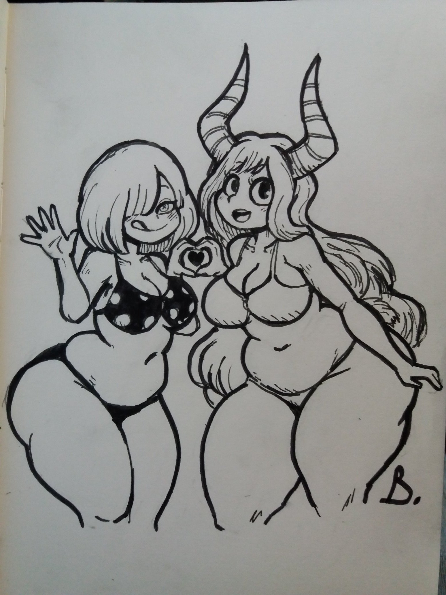 2girls, ass, bendacriss, big ass, big breasts, big butt, breasts, chubby, class 1b, female, hair between eyes, horns, komori kinoko, long hair, my hero academia, short hair, shortstack, shounen jump, sketch, sketch page, smiling, thick thighs, tongue, tongue out, tsunotori pony, wide hips