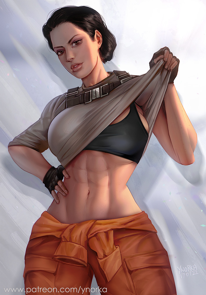 2022 abs athletic athletic_female background big_lips brown_hair clothed_female dated fingerless_gloves front_view gloves hair hand_on_waist human human_only iden_versio jumpsuit light-skinned_female light_skin lips looking_at_viewer midriff military_uniform navel orange_clothing parted_lips patreon pilot pilot_suit presenting pulling_up_shirt rebel shirt shirt_lift short_hair signature simple_background sleeves_rolled_up soldier sports_bra standing star_wars star_wars:_battlefront_2 teeth text underwear uniform url ynorka