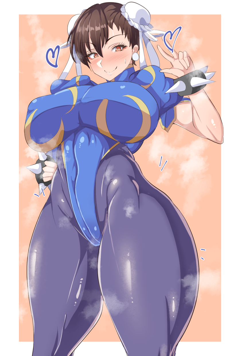 1girls, big breasts, breasts, brown hair, capcom, chun-li, eye contact, female, huge breasts, huge thighs, large breasts, leotard, looking at viewer, looking down, muscular, muscular female, peace sign, puffy nipples, rururu82010664, shiny clothes, shiny skin, skin tight, smile, solo, standing, street fighter, sweat, thick thighs, voluptuous, wide hips