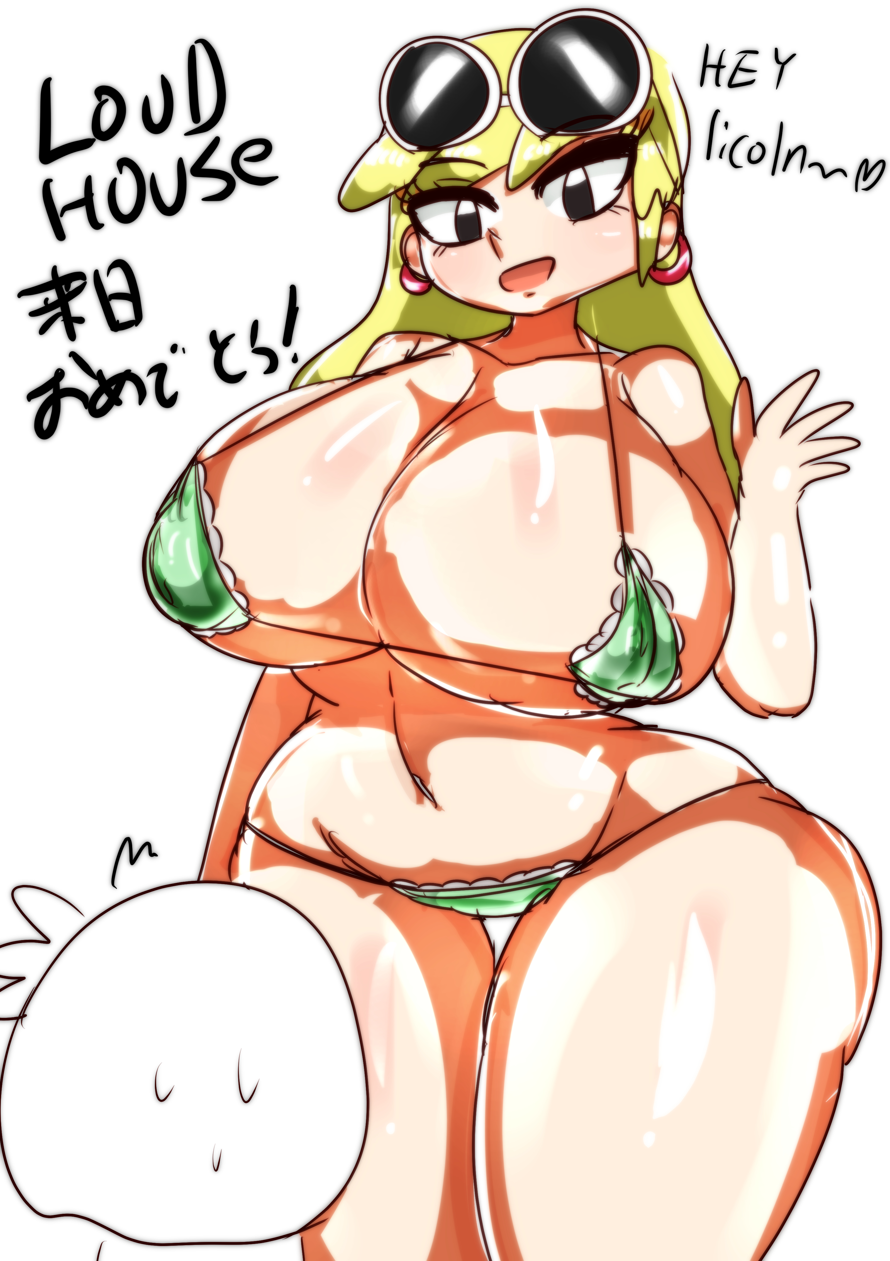 1girls, ass, belly, big breasts, bikini, black eyes, blonde hair, blush, breasts, busty, curvaceous, curvy, eyewear on head, female, female focus, fishnets, grin, half-closed eyes, hand gesture, heart, hips, huge breasts, kotarodayo1126, large breasts, leni loud, midriff, navel, open mouth, panties, string bikini, suggestive, sunglasses on head, surprised, text, the loud house, thick, thick thighs, thighs, thong, wide hips