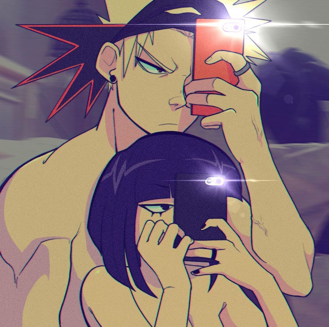 1boy, 1girls, black nails, blonde hair, blonde-haired male, bob cut, female, hetero, katsuki bakugou, kyoka jiro, looking at phone, male, male/female, mask on head, muscular, muscular male, my hero academia, nude, one eye covered, painted nails, phone, phone camera, purple hair, purple-haired female, ring, short hair, shounen jump, spiky hair, straight, taking picture
