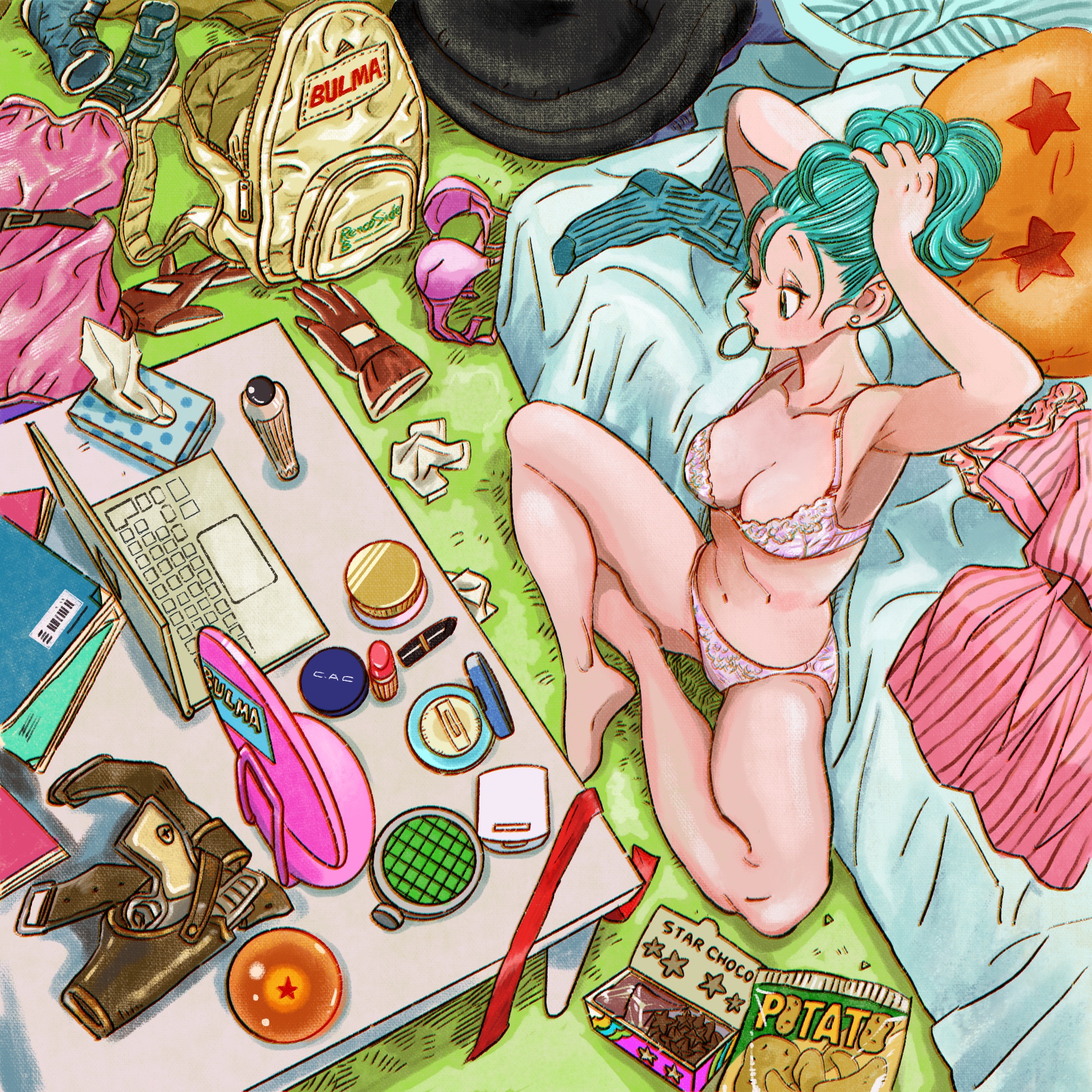1girls, backpack, bag, bed, blue eyes, blue hair, bra, breasts, bulma briefs, b面, casual, cleavage, computer, dragon ball, dragon ball (classic), dragon ball (object), electronics, female, female only, firearm, gun, hair tie, handgun, holding hair, holster, human, laptop, makeup, messy room, navel, panties, potato chips, shounen jump, sitting, sitting indian style, solo, teenager, tying hair, underwear, weapon
