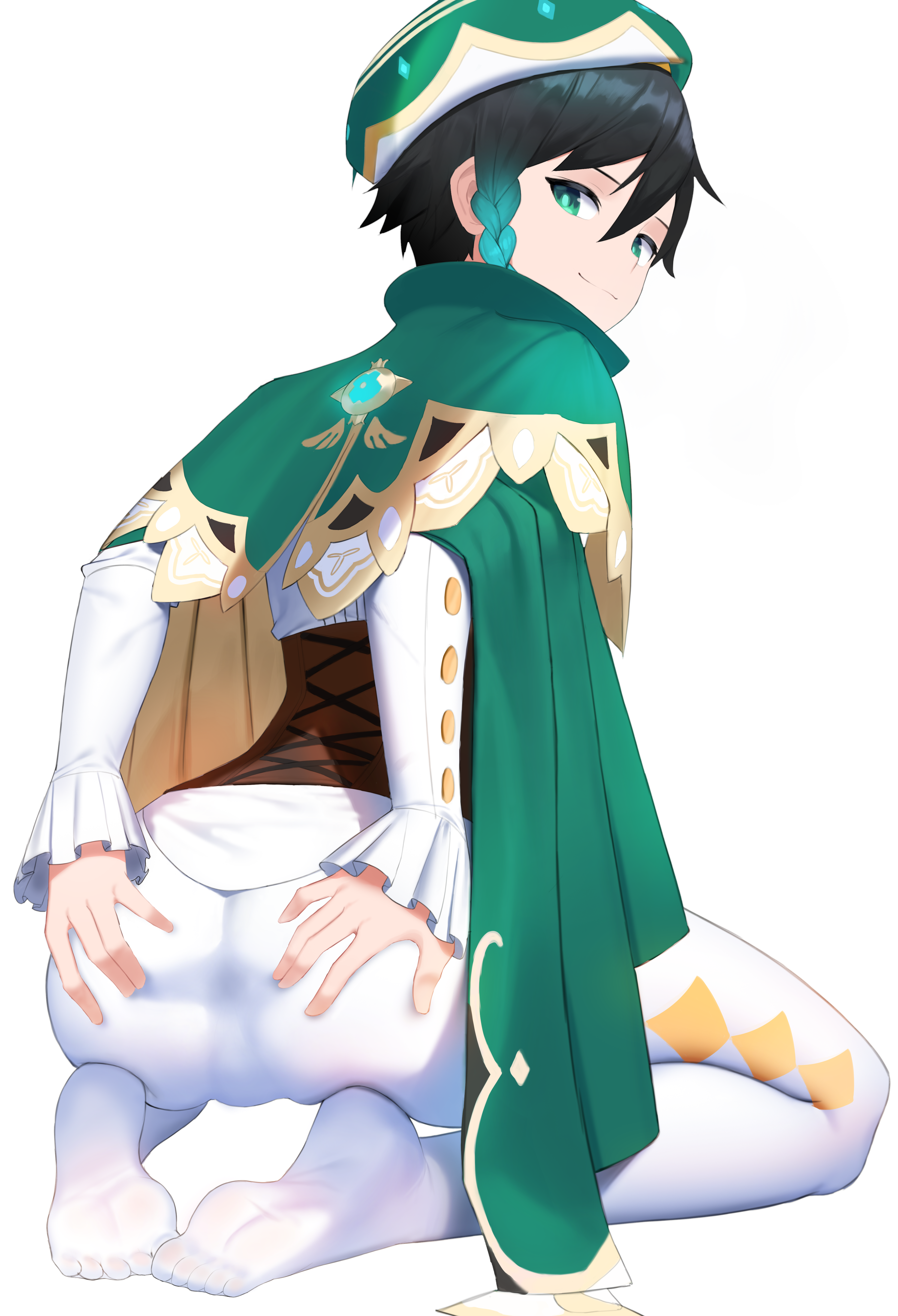 1boy, aqua eyes, ass, braided twintails, bulge, eye contact, feet, femboy, g1 (artist), genshin impact, girly, light skin, light-skinned male, looking at viewer, looking back, male, male only, pale skin, pale-skinned femboy, pale-skinned male, pants, smile, solo, spread ass, tight clothing, two-tone hair, venti (genshin impact)