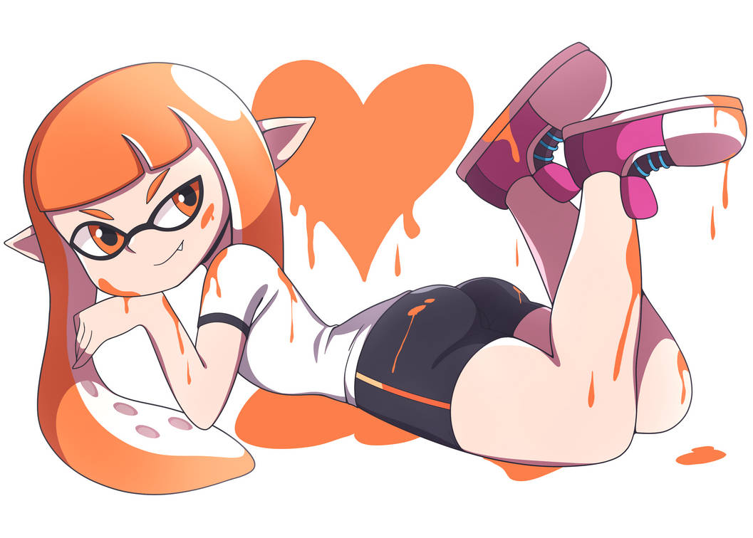 1girls abysswatchers animal_humanoid anthro ass bike_shorts cephalopod cephalopod_humanoid clothed fully_clothed humanoid inkling inkling_girl kaori_(splatoon) long_orange_hair looking_back lying_on_stomach mask_(marking) nintendo orange_hair orange_inkling_girl pointy_ears pseudo_hair shoes splatoon splatoon_(series) squid tentacle tentacle_hair white_background white_shirt