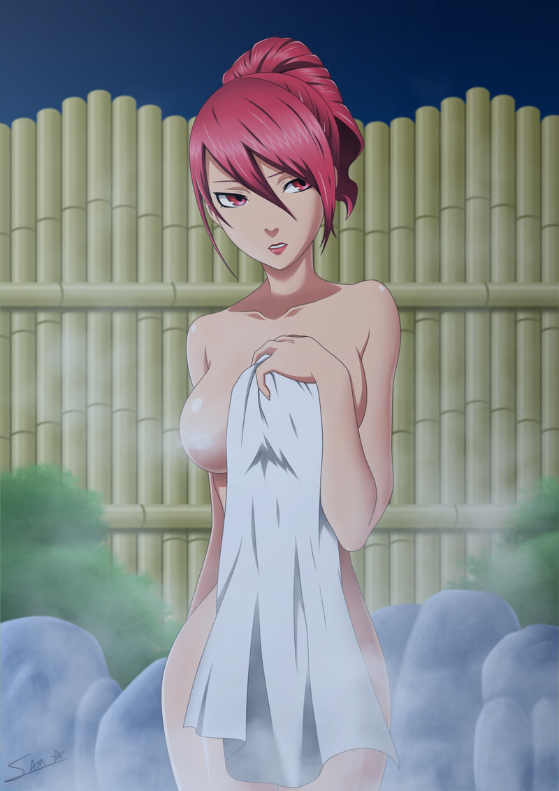 1girls, alternate hairstyle, anonymous artist, breasts, censored, female, holding, holding object, holding towel, hot spring, lipstick, mitsuru kirijo, mostly nude, outdoors, outside, persona, persona 3, red eyes, red hair, short hair, solo, tagme, towel, unknown artist, white skin