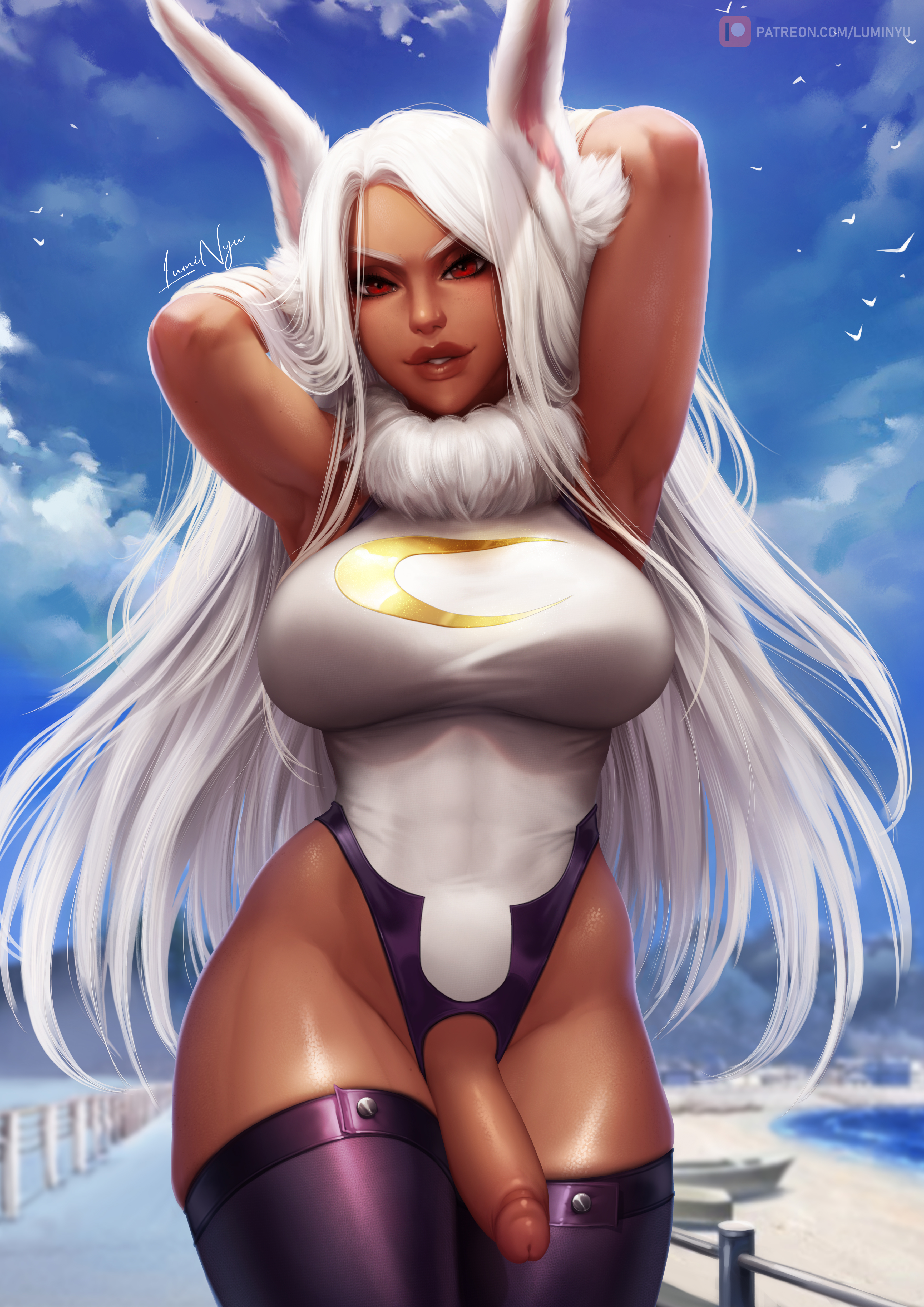 1futa, abs, absurd res, absurdres, armpits, arms behind back, arms up, big breasts, big penis, breasts, brown body, brown skin, bunny, bunny ear, bunny ears, bunny girl, busty, curvy, cute, dark skin, dark-skinned futa, dick, dickgirl, erection, eyelashes, female, fur, futa only, futanari, hips, intersex, large breasts, long ears, long hair, looking at viewer, luminyu, makeup, miruko, muscles, muscular, my hero academia, nude, patreon, penis, puffy lips, pussy, rabbit ears, rabbit humanoid, red eyes, rumi usagiyama, shiny, shiny skin, silver hair, smile, solo, solo focus, standing, tagme, tan, tan skin, thick, thick lips, thick thighs, thighs, tight clothing, tight fit, toned, very long hair, voluptuous, white fur, white hair
