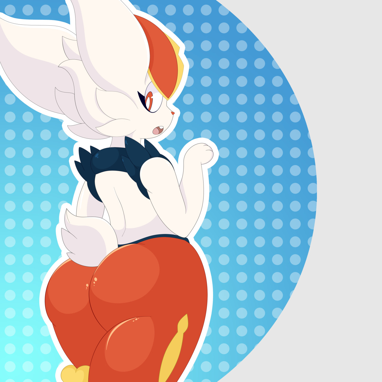 1:1, ambiguous gender, anthro, ass, big ass, big butt, blue background, cinderace, cute, cute face, fur, furry, furry only, hi res, lagomorph, lemonlime, looking at viewer, looking back, mammal, nintendo, open mouth, orange eyes, pokémon (species), pokemon, pokemon (species), red eyes, simple background, solo, standing, tail, teeth, thick thighs, tongue, video games, white background, white body, white fur, wide hips