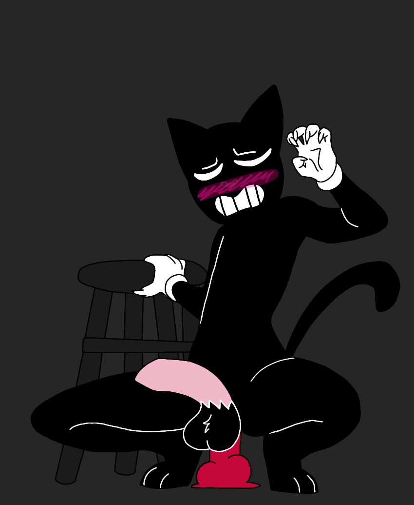 anthro bench big_balls big_penis black_background black_fur black_nose blushing cartoon_cat cat_ears cat_tail closed_eyes cute dildo feline_penis legs_open male_only male_penetrating paws pink_penis pleasured red_dildo riding_dildo riskaver_(artist) tail_up trevor_henderson white_gloves yaoi