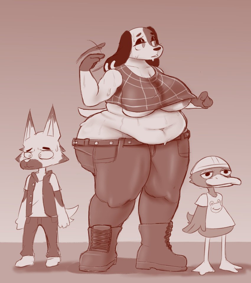 anatid animal_crossing anseriform anthro avian belly bird bodily_fluids bottomwear breasts canid canine canis cherry_(animal_crossing) clothed clothing denim denim_clothing domestic_dog duck fawxythings female group half-closed_eyes heat_(temperature) jeans kyle_(animal_crossing) larger_female mammal narrowed_eyes nintendo nipples overweight overweight_female pants scoot_(animal_crossing) simple_background size_difference smaller_male sweat underboob wolf