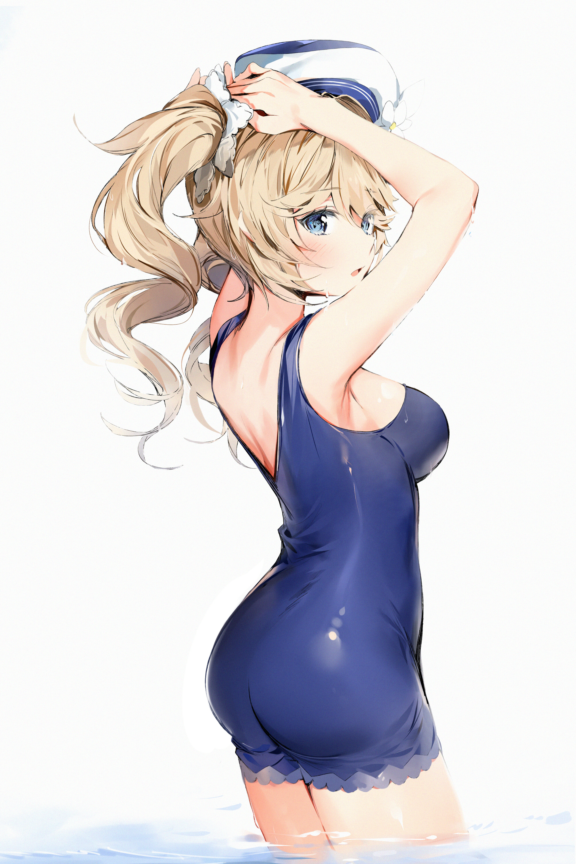 1girls, adjusting hair, armpits, arms up, ass, barbara (genshin impact), barbara (summertime sparkle) (genshin impact), blonde hair, blue eyes, blush, breasts, clothed, clothing, female, genshin impact, hat, medium breasts, nun, one-piece swimsuit, perky breasts, sideboob, silver (chenwen), swimsuit, twintails