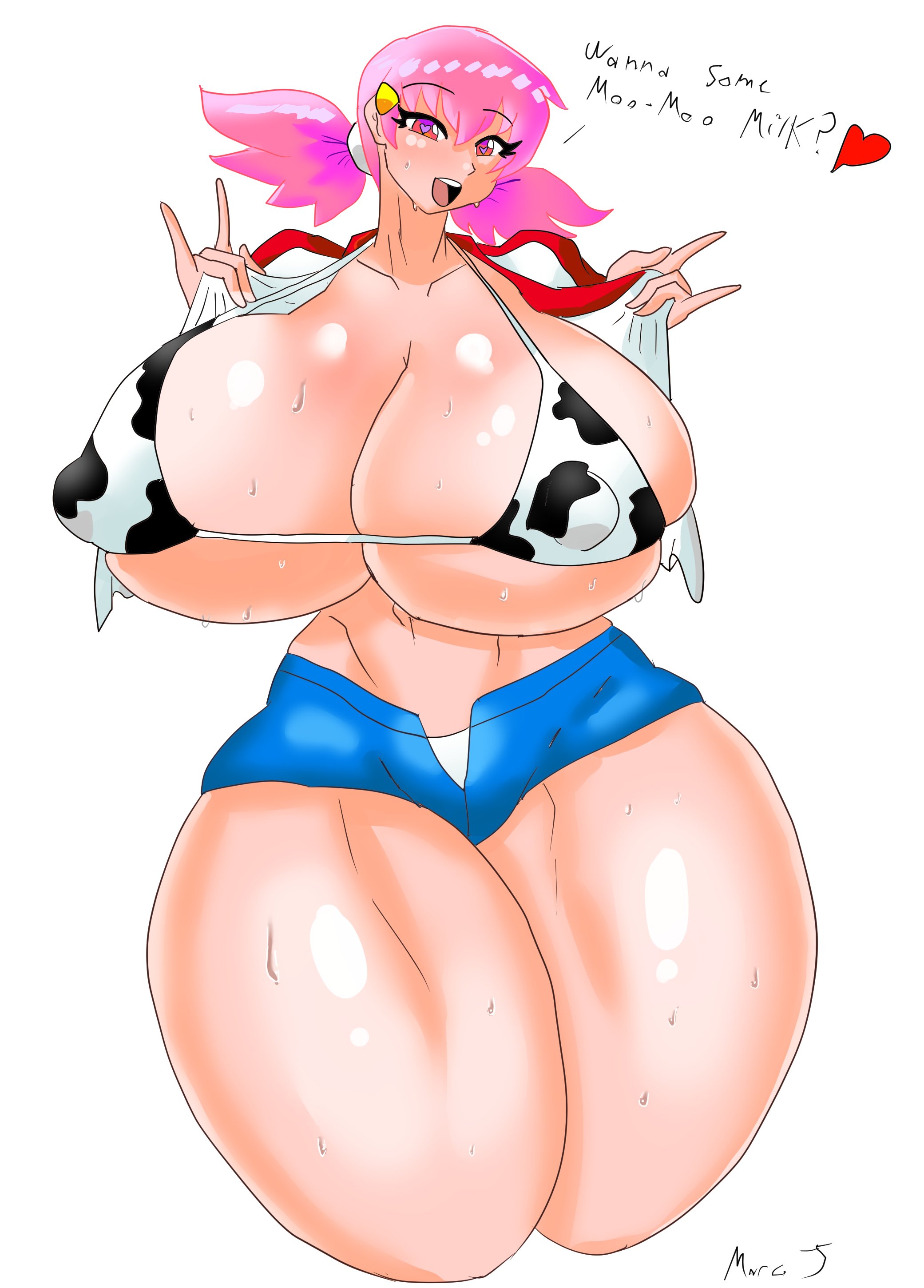 1girls, alternate breast size, artist signature, big breasts, bikini, blush, breasts, cleavage, collarbone, cow print, cow print bikini, eyebrows visible through hair, eyelashes, female, female only, gym leader, heart, heart-shaped pupils, huge breasts, human, human only, looking at viewer, marcormen, midriff, nintendo, nipple bulge, open mouth, pink eyes, pink hair, pokemon, pokemon gsc, shirt lift, short hair, short shorts, shorts, smile, solo, solo female, standing, talking to viewer, text, thick thighs, underboob, voluptuous, whitney (pokemon), wide hips