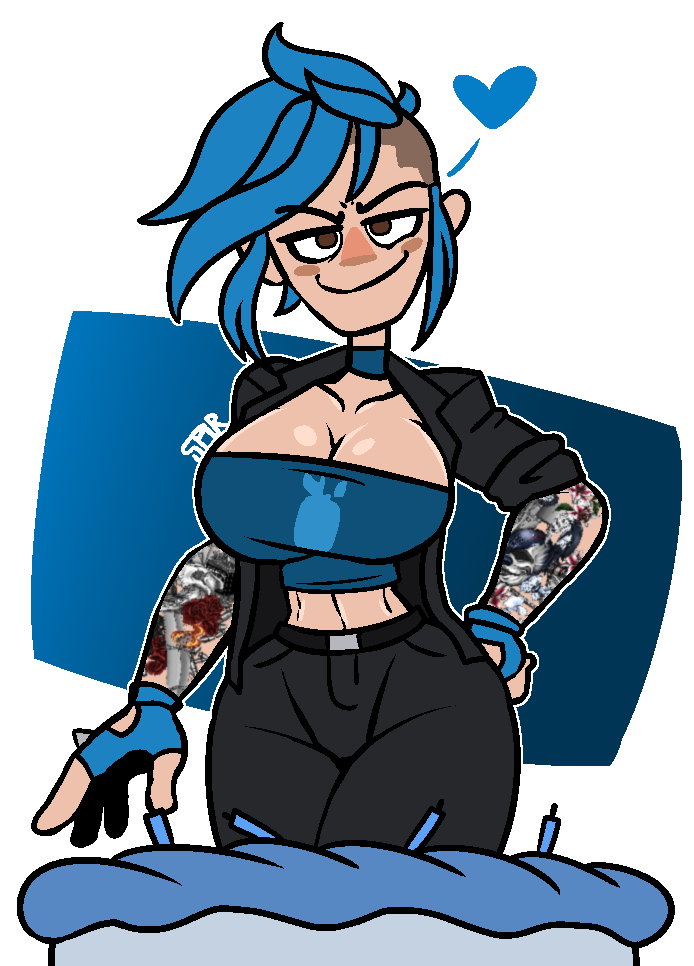 belt big_breasts blue_hair breasts brown_eyes cake collar exposed_breasts gloved gloves hand_on_hip heart jacket overkill_software payday_2 punk revealing_clothes smirk smug sydney_(payday_2) tagme tattoo tattoos