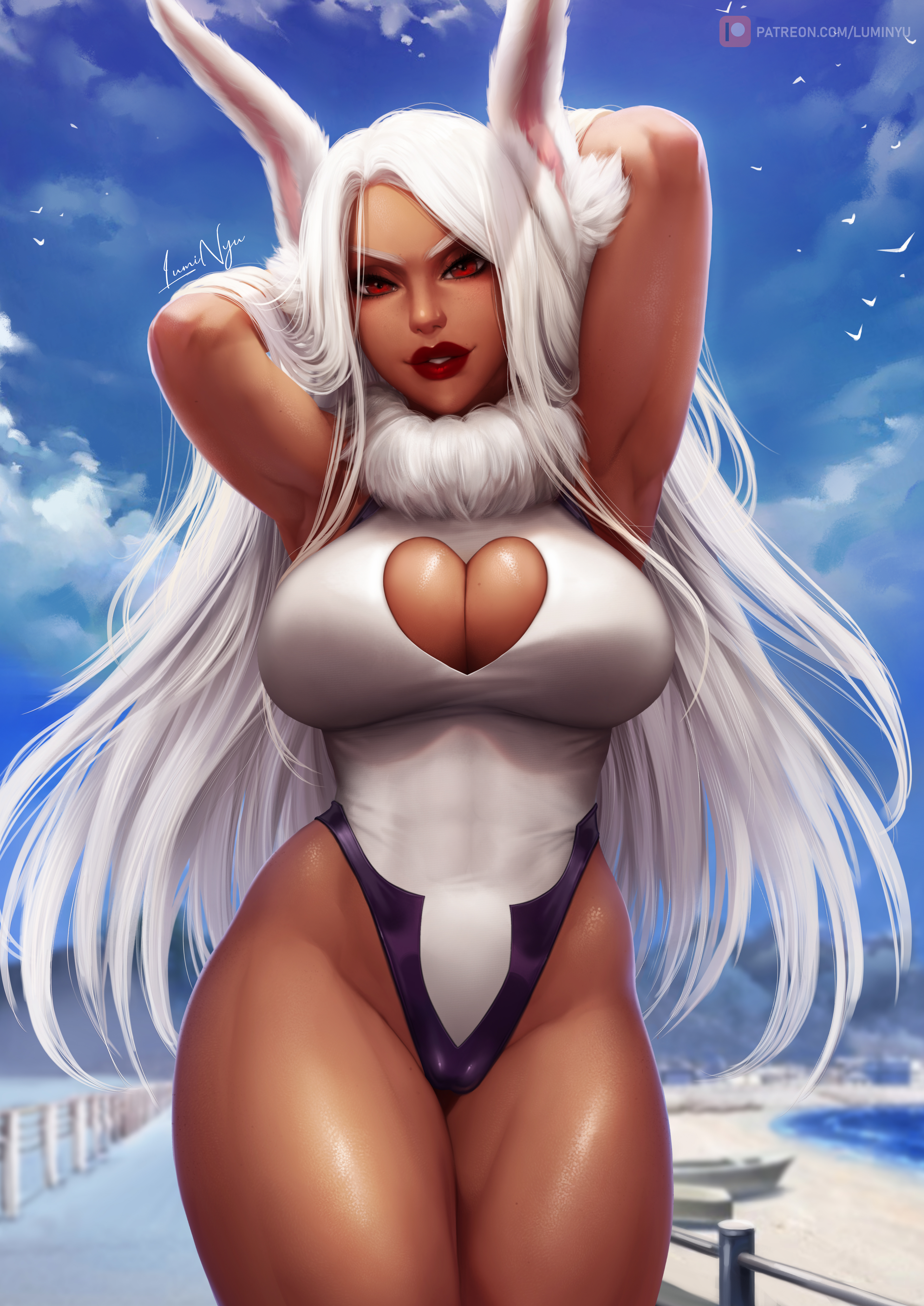 1girls, abs, absurd res, absurdres, alternate version available, animal ears, armpits, arms behind back, arms up, athletic female, big breasts, breasts, brown body, brown skin, bunny, bunny ear, bunny ears, bunny girl, busty, curvy, cute, dark skin, dark-skinned female, eyelashes, female, female focus, female only, full lips, fur, hips, hourglass figure, kemonomimi, large breasts, long ears, long hair, looking at viewer, luminyu, makeup, miruko, muscles, muscular, muscular female, my hero academia, navel, patreon, patreon reward, patreon username, puffy lips, pussy, rabbit ears, rabbit humanoid, red eyes, red lips, red lipstick, rumi usagiyama, shiny, shiny skin, silver hair, slim waist, smile, smiling, solo, solo focus, standing, superheroine, tagme, tan, tan skin, thick, thick lips, thick thighs, thighs, tight clothing, tight fit, toned, very long hair, voluptuous, white fur, white hair, wide hips