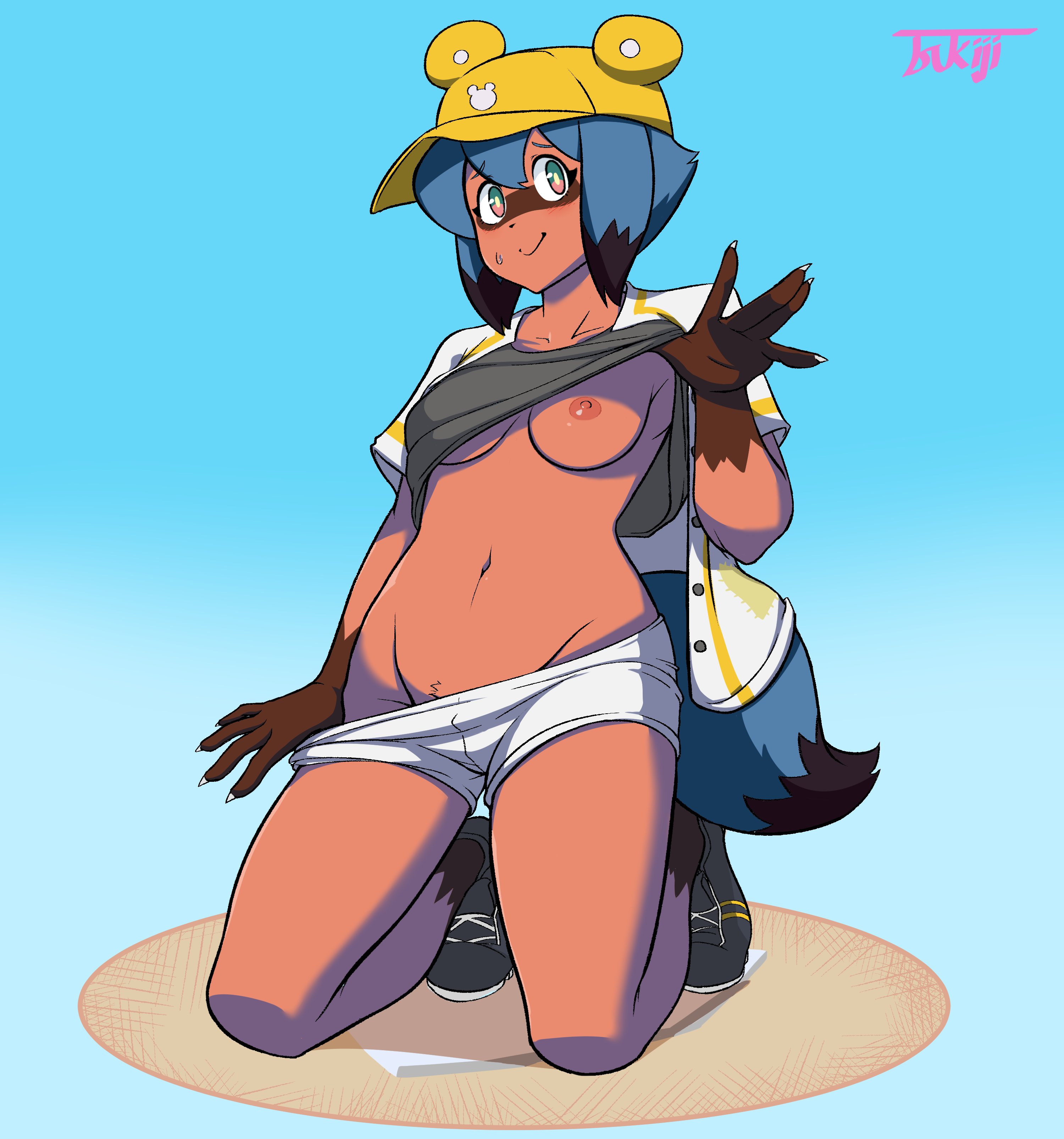 1girls, areolae, brand new animal, breasts, female, female only, looking at viewer, medium breasts, michiru kagemori, nipples, shirt lift, solo, tan body, tan skin, tanuki, tsukiji