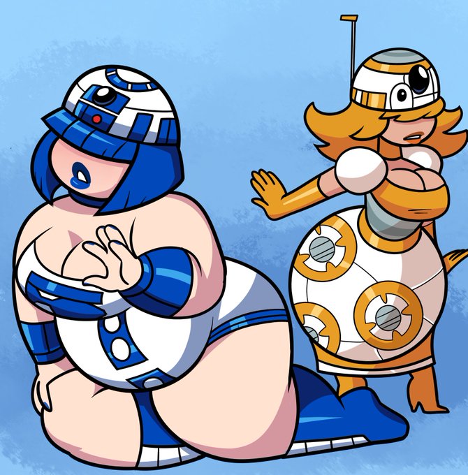 2019 2girls android anthrofied armband bb-8 bbw big_belly big_breasts blue_hair blue_lips blue_nails bob_cut bottom_heavy calf_boots dress eyes_covered fat fat_woman gynoid hair_over_eyes high_heels humanized light-skinned_female light_skin lips lipstick long_gloves medium_hair orange_hair orange_lipstick orange_topwear painted_nails r2-d2 robot robot_girl star_wars superspoe thick_thighs thighs white_skirt