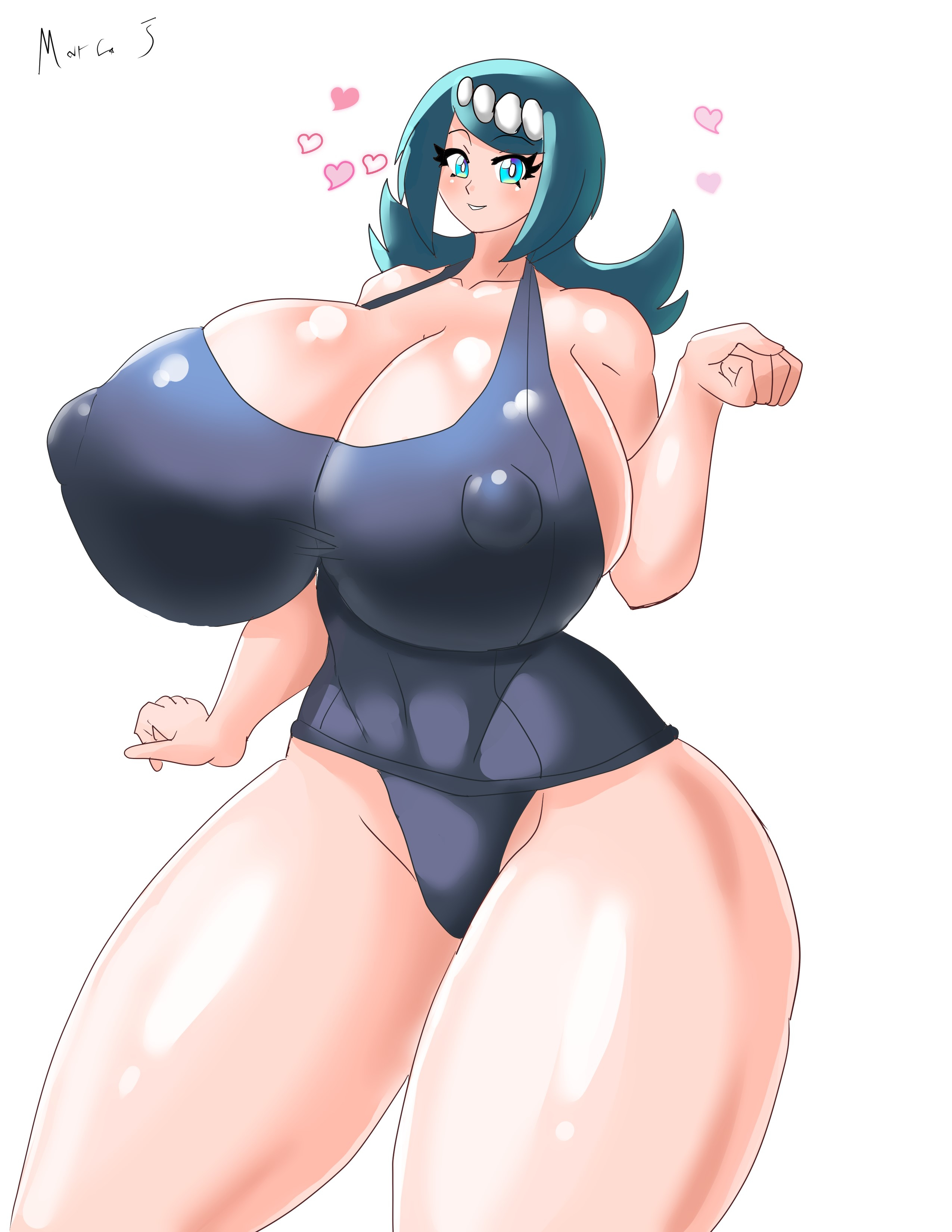 1girls, alternate breast size, artist signature, big breasts, blue eyes, blue hair, blush, breasts, cleavage, collarbone, eyebrows visible through hair, eyelashes, female, female only, hair ornament, heart, huge breasts, human, human only, lana's mother (pokemon), looking at viewer, low ponytail, marcormen, milf, mother, nintendo, nipple bulge, one-piece swimsuit, pokemon, pokemon sm, ponytail, short hair, smile, solo, solo female, standing, swimsuit, thick thighs, voluptuous, wide hips