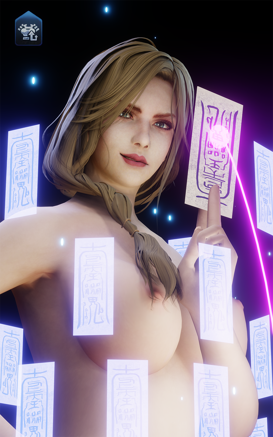 blonde_hair breasts grey_eyes large_breasts looking_at_viewer magic magic_user maria_(nioh) naked nioh nioh_2 nude nude_female ponytail side_ponytail smiling smiling_at_viewer smirking spell spellcaster