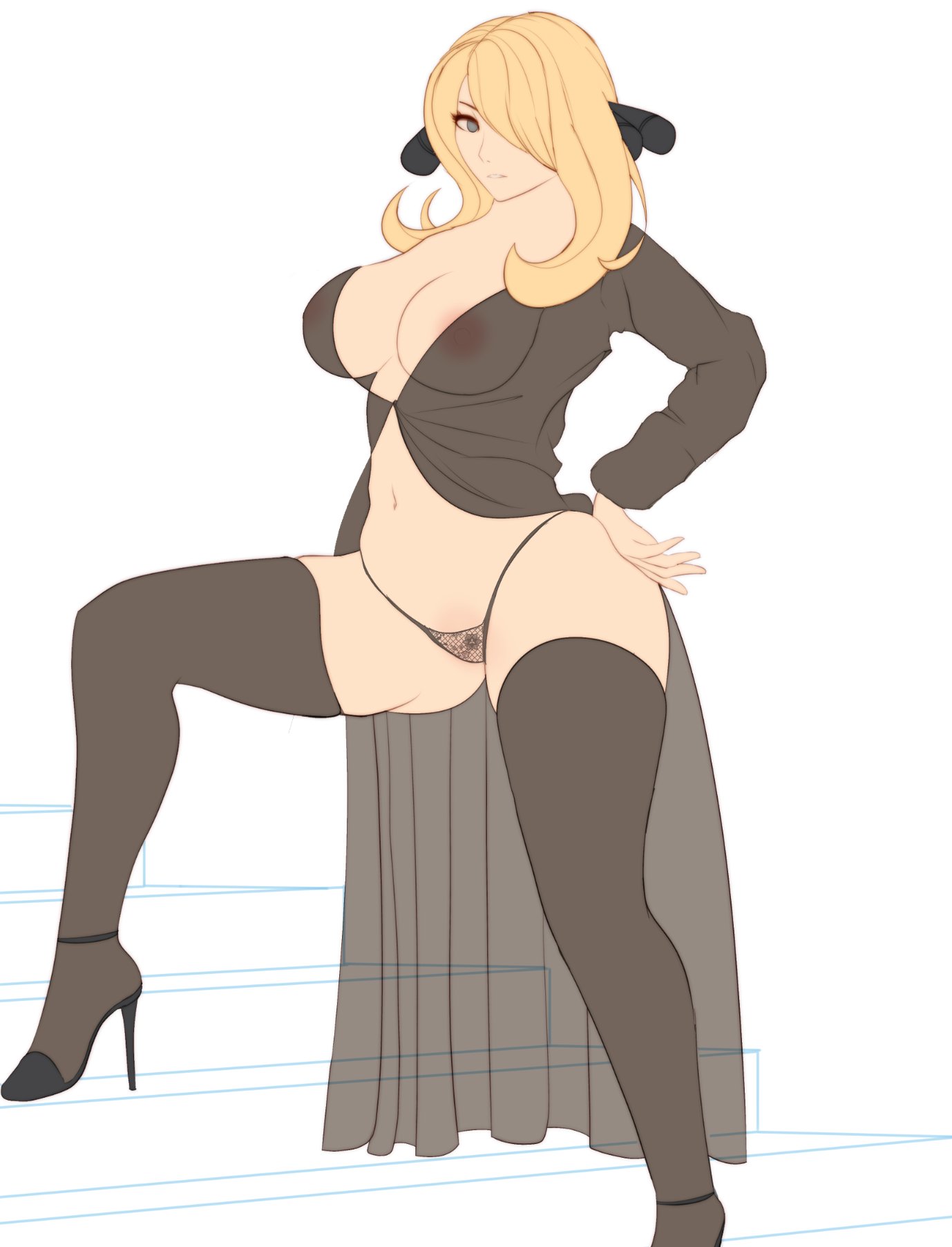 1girls, alternate breast size, bare thighs, black panties, blonde, blonde female, blonde hair, blonde-haired female, breasts, cynthia (pokemon), female, hand on own hip, large breasts, looking at viewer, nintendo, panties, pokemon, pokemon champion, pose, see-through, solo, solo female, thick thighs, thighhighs, thighs, wide hips, zelc-face