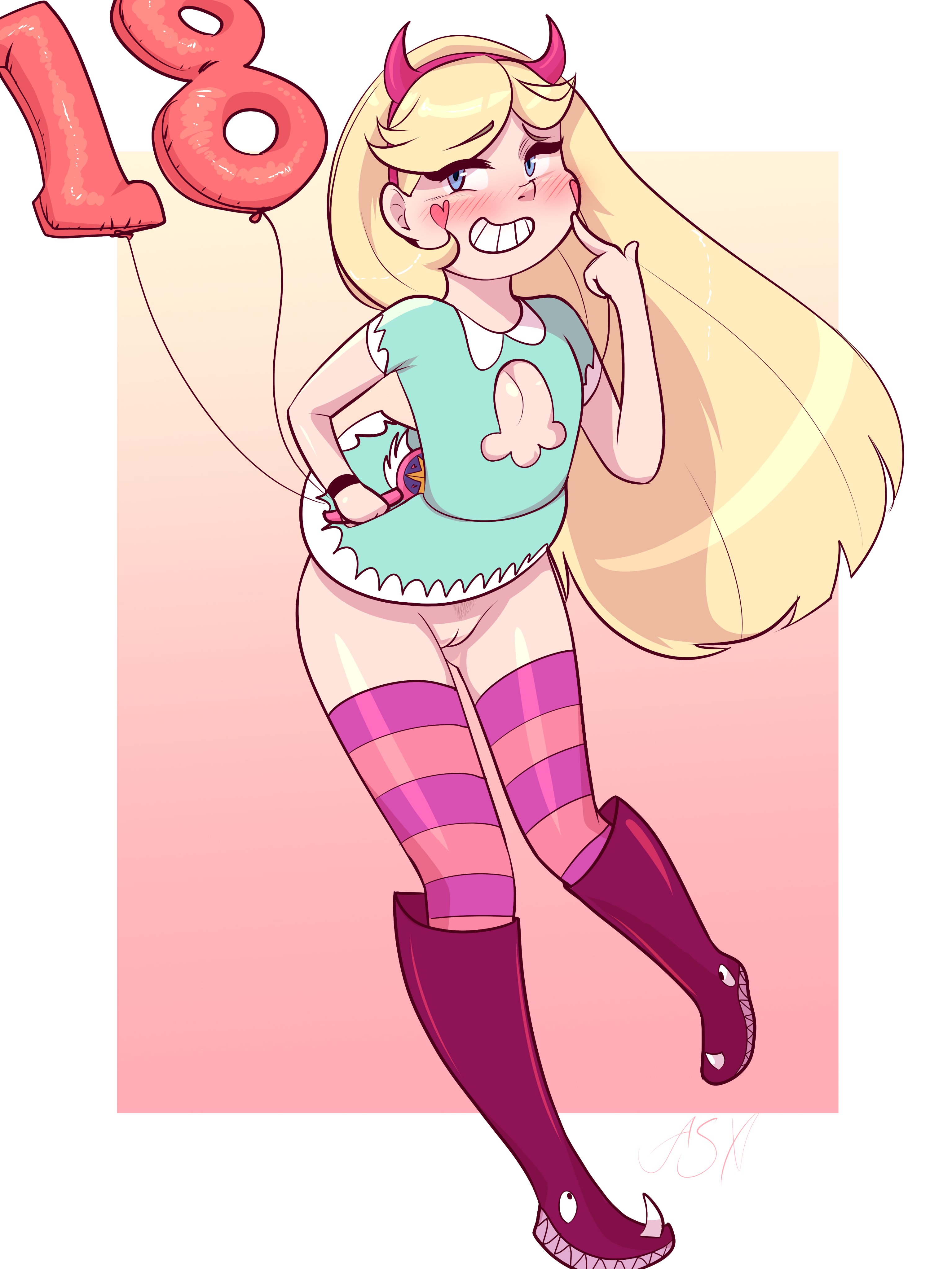 1girls, aged up, applespicex, balloon, birthday, blonde female, blonde hair, blue eyes, blush, breasts, cleavage, cleavage cutout, disney, disney channel, disney xd, female, female only, finger to face, full body, grin, hand on hip, headband, innie pussy, knee boots, long hair, no panties, pubic hair, pussy, royal magic wand, small breasts, smile, solo, star butterfly, star vs the forces of evil, striped legwear, thighhighs, white female