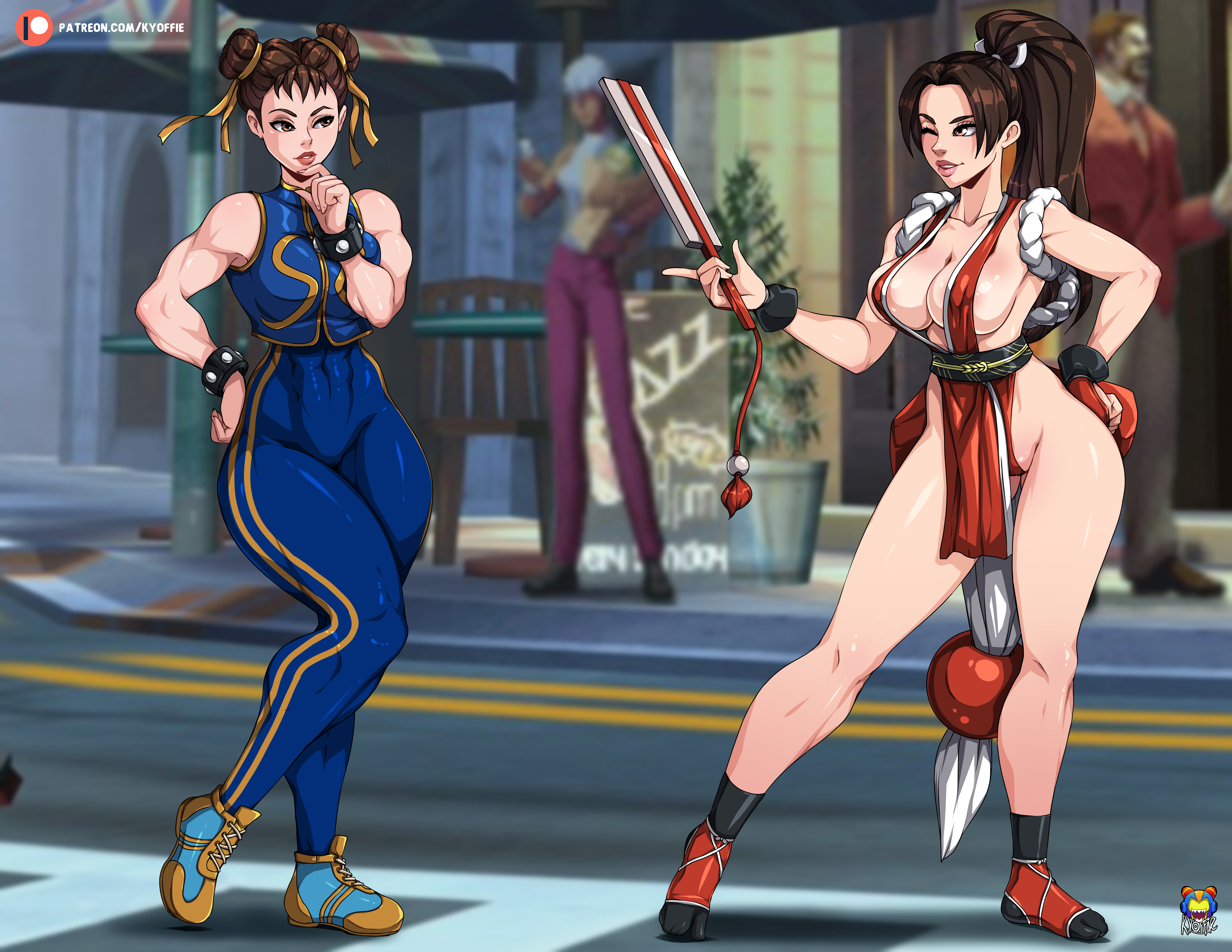 2girls, adjusting clothes, asian, breasts, brown hair, capcom, catfight, chun-li, clothed, crossover, death battle, fatal fury, female, king of fighters, kyoffie, mai shiranui, multiple females, multiple girls, muscles, snk, standing, street fighter, wink