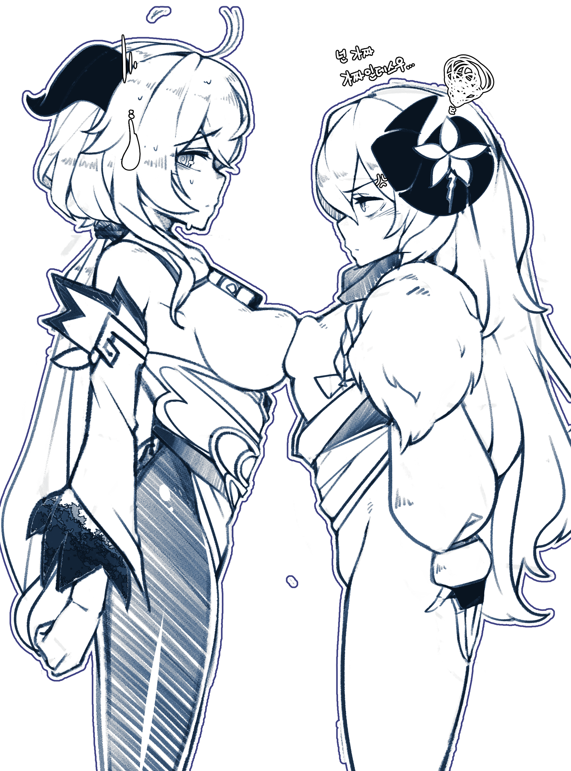 blush, breast squish, breasts, breasts out, crossover, female, ganyu (genshin impact), genshin impact, horns, kindred, lamb (league of legends), league of legends, monochrome, padark, simple background, size comparison, spirit blossom kindred, spirit blossom series, text, translation request
