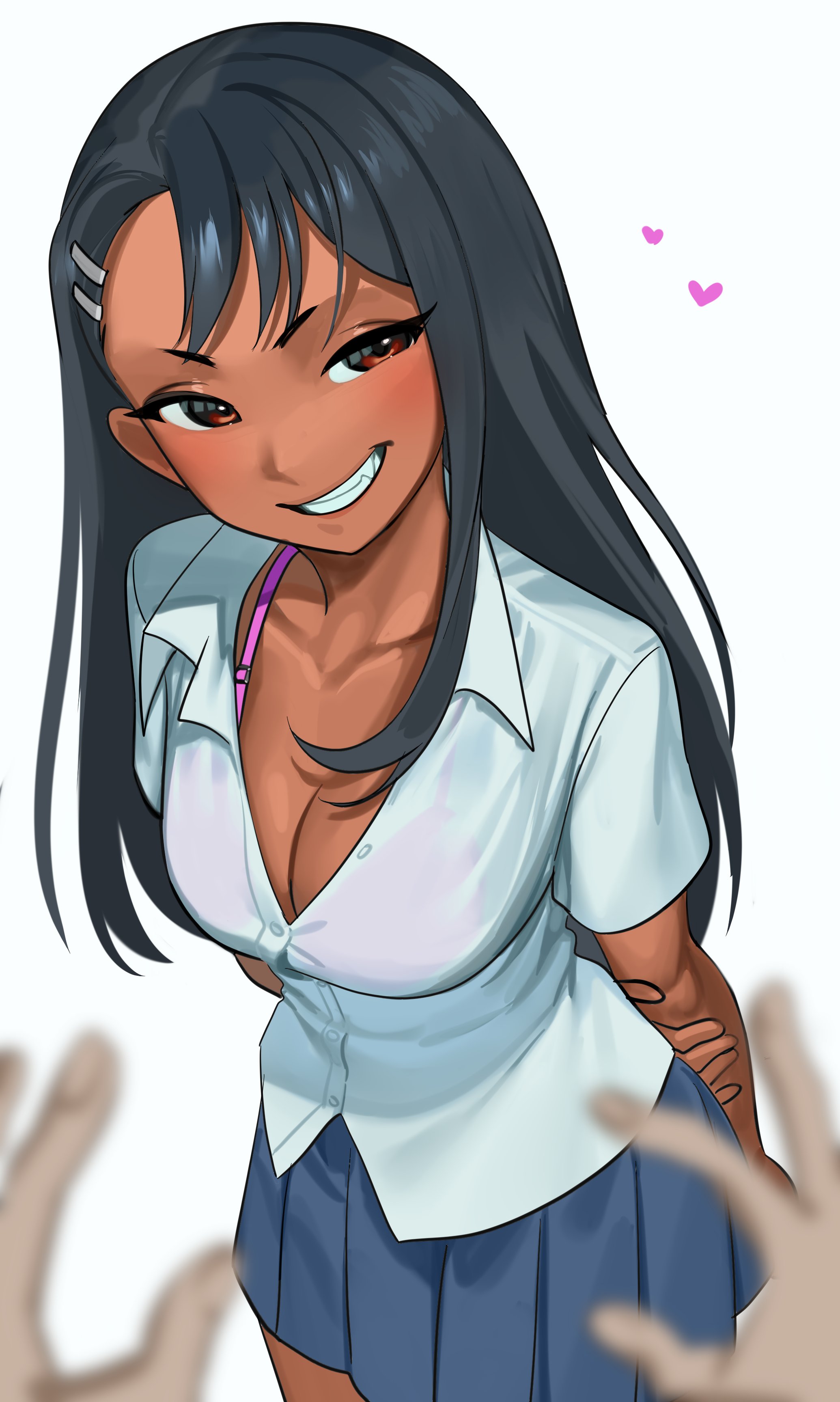 1boy, 1girls, 2021, absurd res, arm behind back, arm grab, bare arms, black hair, blurry, blurry foreground, bra, bra peek, bra strap, breasts, brown eyes, cleavage, clothed, clothing, fangs, female, female focus, grin, hairclip, hands, hayase nagatoro, heart, highres, long hair, looking at viewer, male, male pov, medium breasts, naoto hachioji (senpai), nia (nia4294), partial male, partially unbuttoned, pink bra, please don't bully me, nagatoro, pleated skirt, pov, pov hands, school uniform, see-through, see-through clothing, shirt, simple background, skirt, smile, standing, tan, teasing, teeth, thighs, underwear, white background