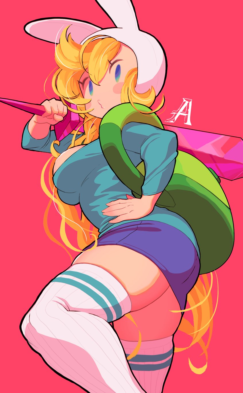 1girls, adventure time, backpack, big breasts, blonde hair, blue eyes, blue shirt, blue skirt, blush stickers, breasts, bunny ears, cartoon network, clothing, female, fionna the human girl, gashi-gashi, hair between eyes, hand on hip, headgear, miniskirt, mob face, no sclera, red background, shirt, sideboob, skirt, stockings, sword, tagme, thick thighs, thighhighs, thighs, weapon