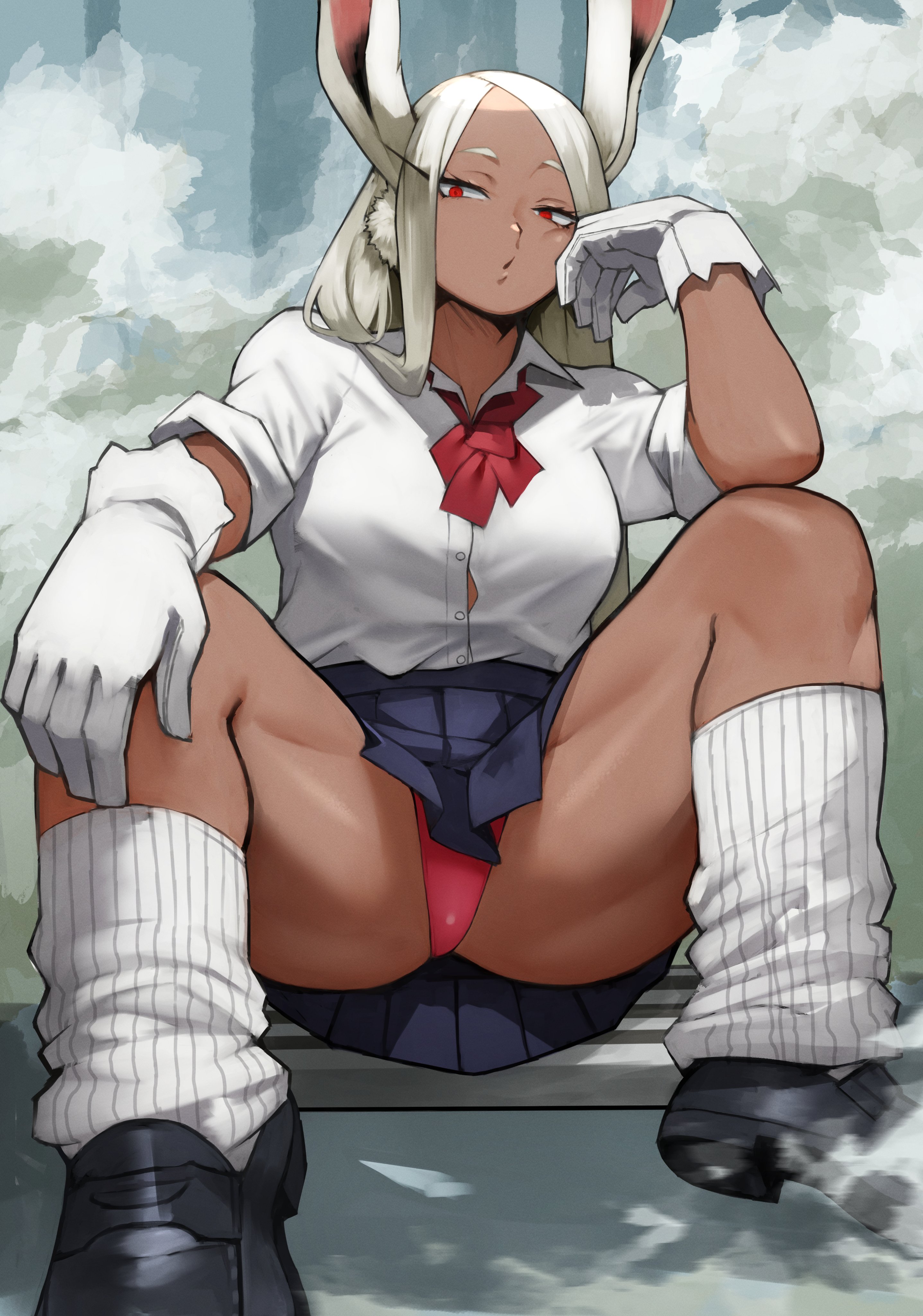 1girls, animal ears, breasts, bunny ears, bunny tail, dark skin, dark-skinned female, female, female only, large breasts, loafers, looking at viewer, miruko, my hero academia, nipples visible through clothing, open mouth, panties, pantyshot, pink panties, red eyes, rumi usagiyama, school uniform, schoolgirl, shounen jump, sitting, socks, solo, spread legs, spreading, upskirt