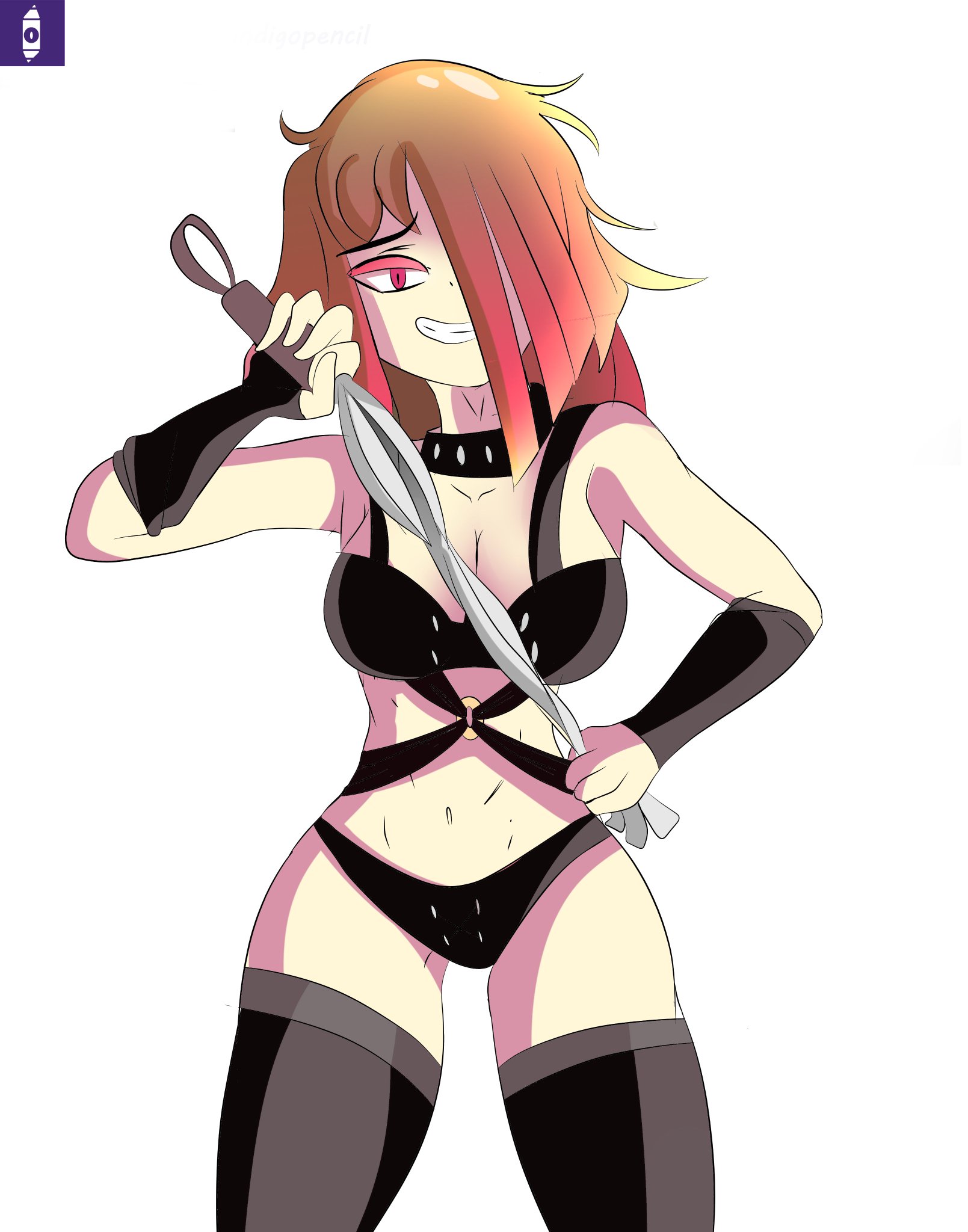 1girls, background, bete noire, big breasts, black bra, black stockings, black underwear, bra, breasts, brown hair, choker, dominatrix, female, female only, fingerless gloves, glitchtale, gloves, indigopencil, pink eyes, pink hair, smiling, thick thighs, undertale, undertale fanfiction, whip, white background