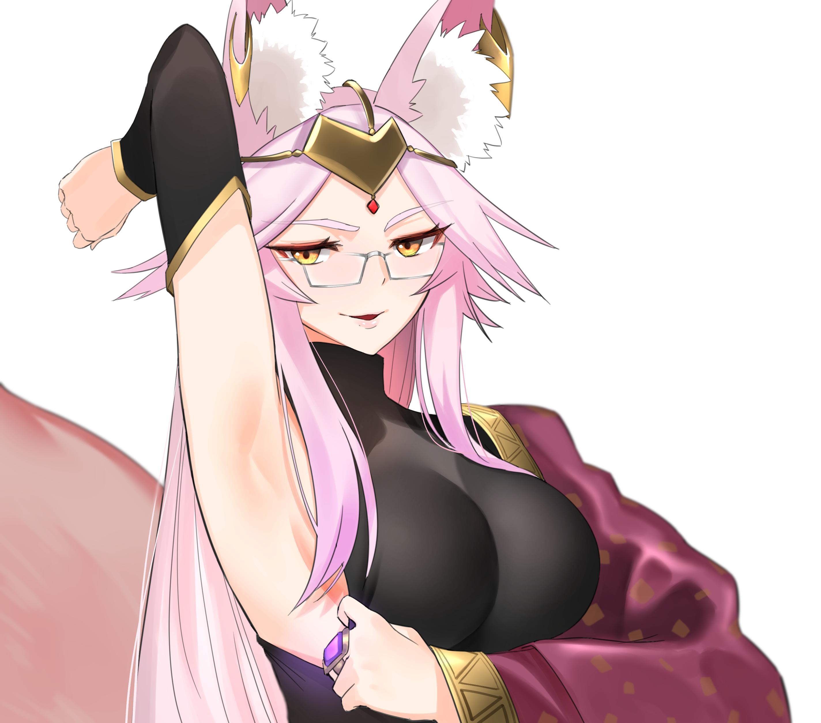 absurdres, animal ear fluff, animal ears, arm behind head, arm up, armpits, bangs, blush, breasts, circlet, clothes pull, detached sleeves, earrings, fate (series), fate/grand order, female, fox ears, fox girl, fox tail, glasses, highres, indian clothes, jewelry, koyanskaya (fate), large breasts, long hair, looking at viewer, parted bangs, parted lips, pink hair, ring, saru (pixiv13751598), shirt pull, sidelocks, sleeveless, smile, solo, tail, white background, yellow eyes