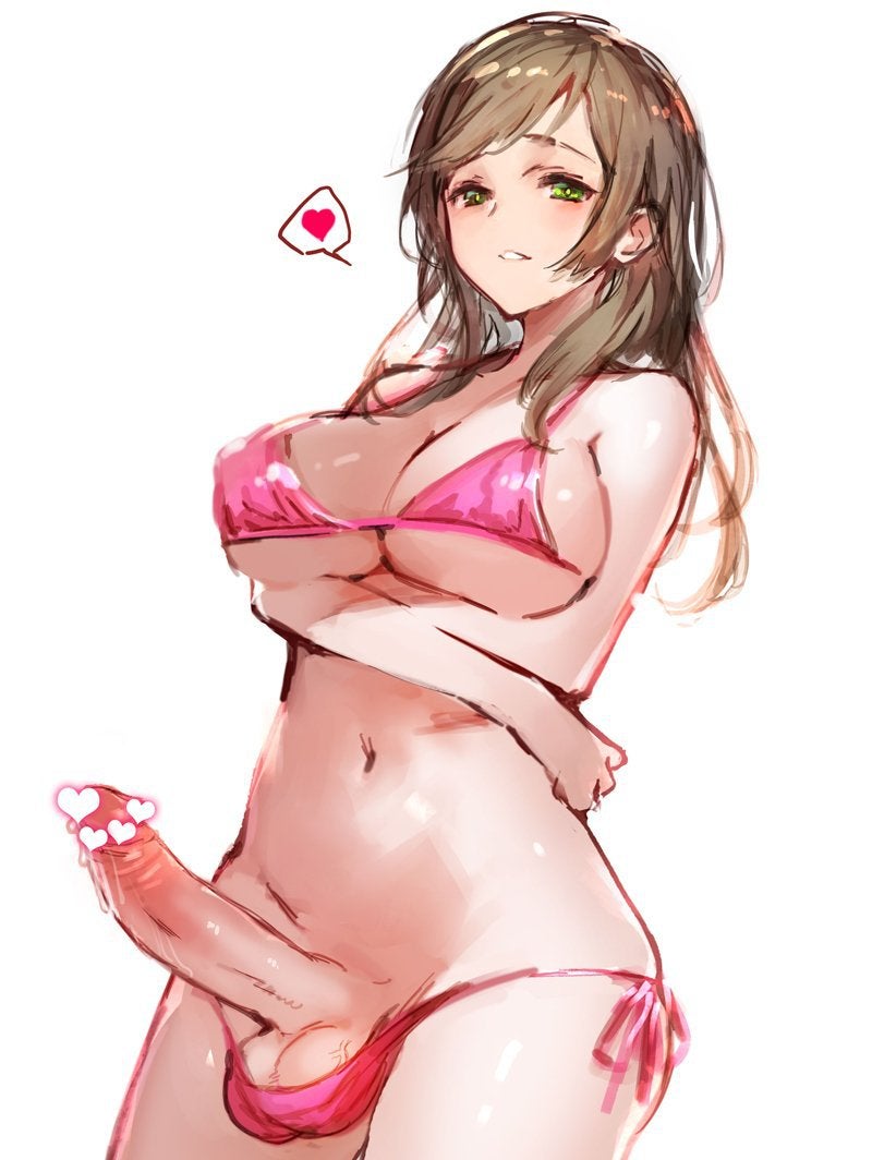 1futa balls balls_in_panties big_breasts big_penis bikini breasts brown_hair clothed clothing crossed_arms futa_only futanari green_eyes heart heart_censor horny human large_breasts large_penis light-skinned_futanari light_skin mostly_nude navel nbo pale_skin penis pink_bikini precum solo standing white_background